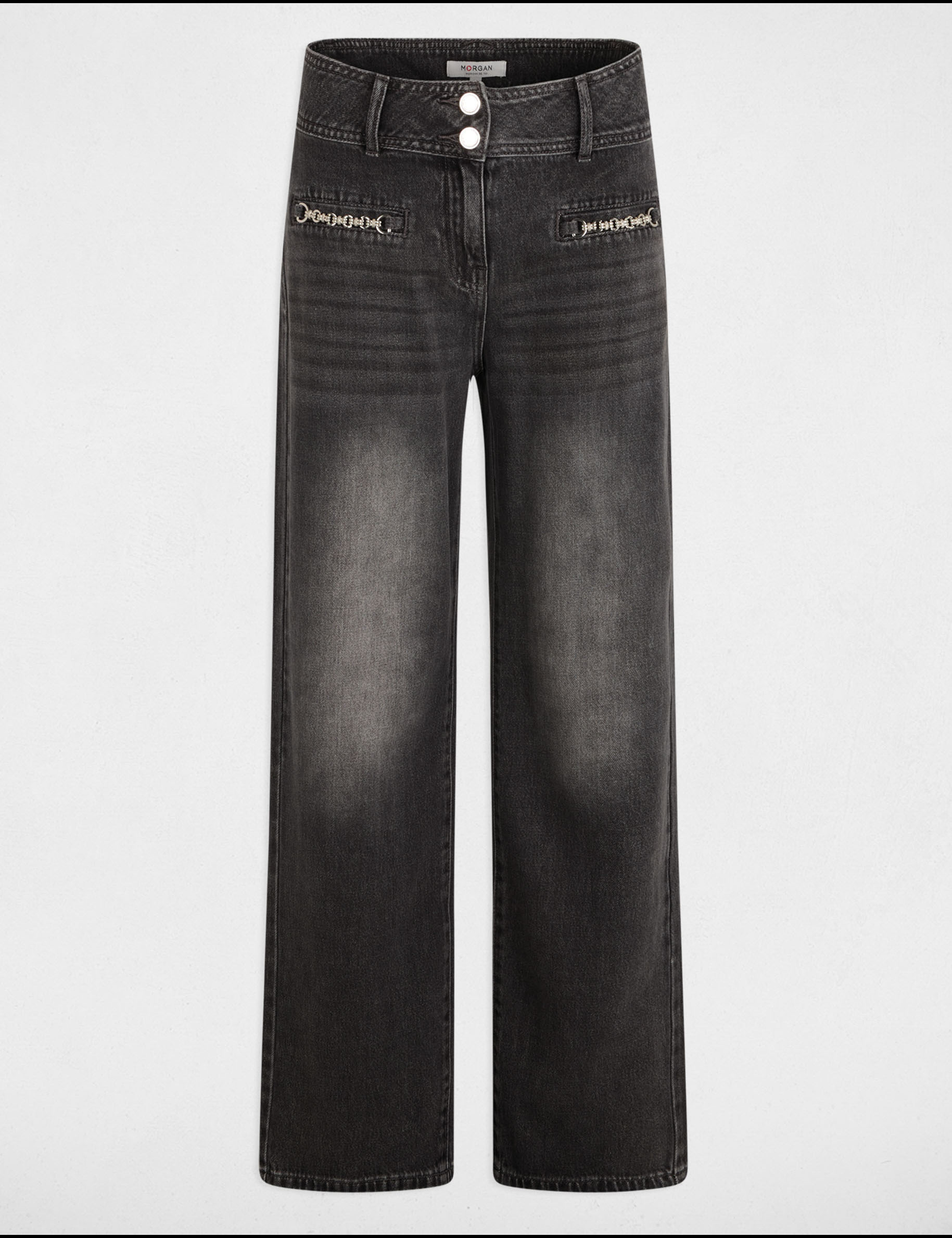 jeans large details chaines gris clair femme Jeans large détails chaînes gris clair femme
