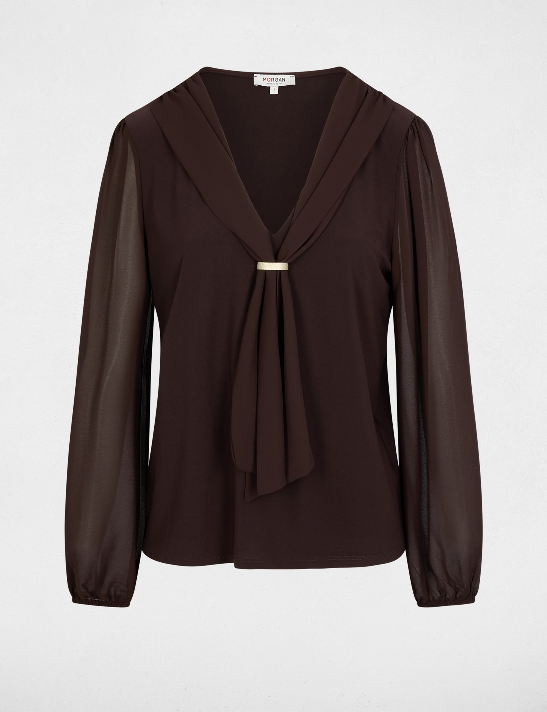 T-shirt voile col lavalli&egrave;re marron fonc&eacute; femme