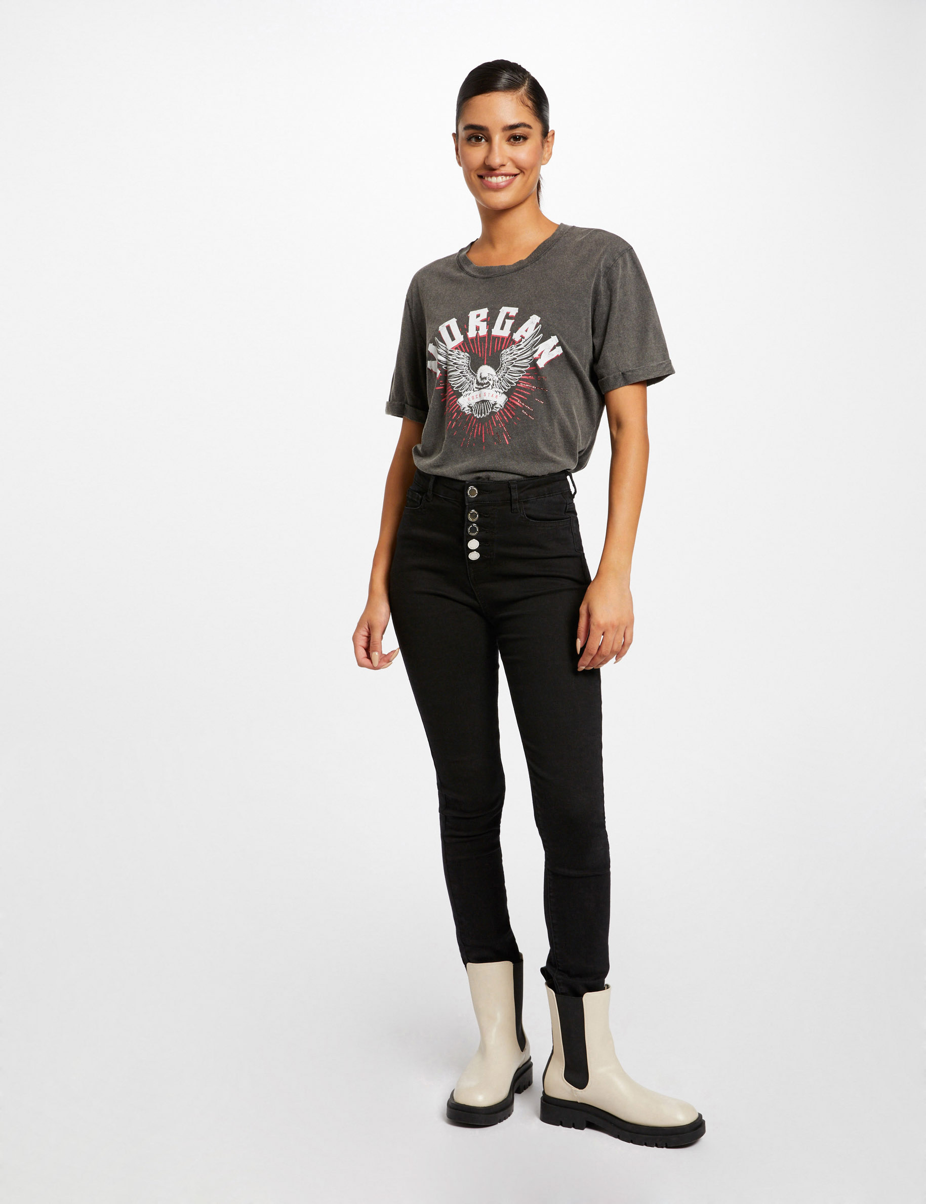 T-shirt manches courtes à inscription noir femme