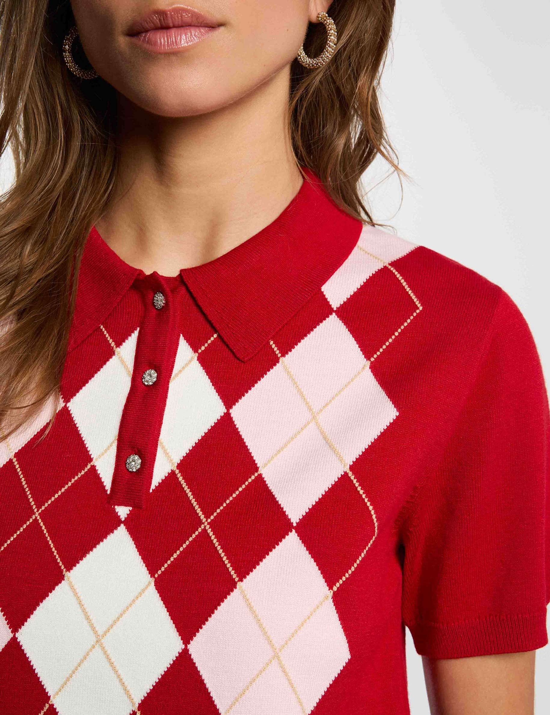 Pull col &agrave; revers rouge femme