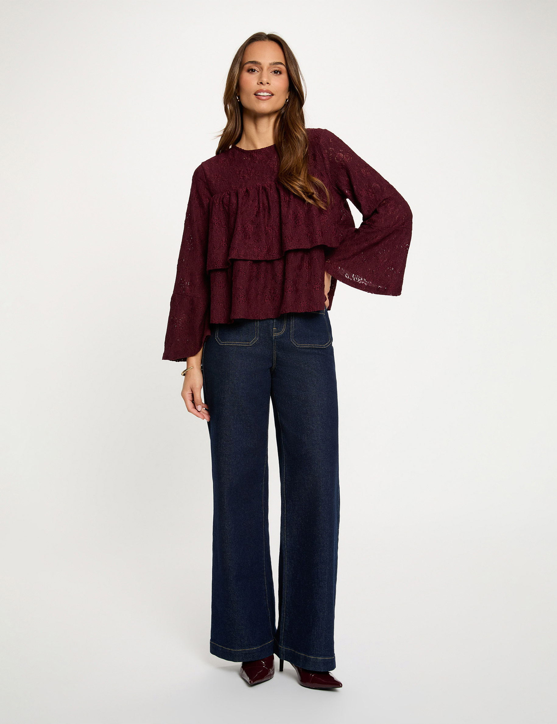 T-shirt dentelle volants bordeaux femme