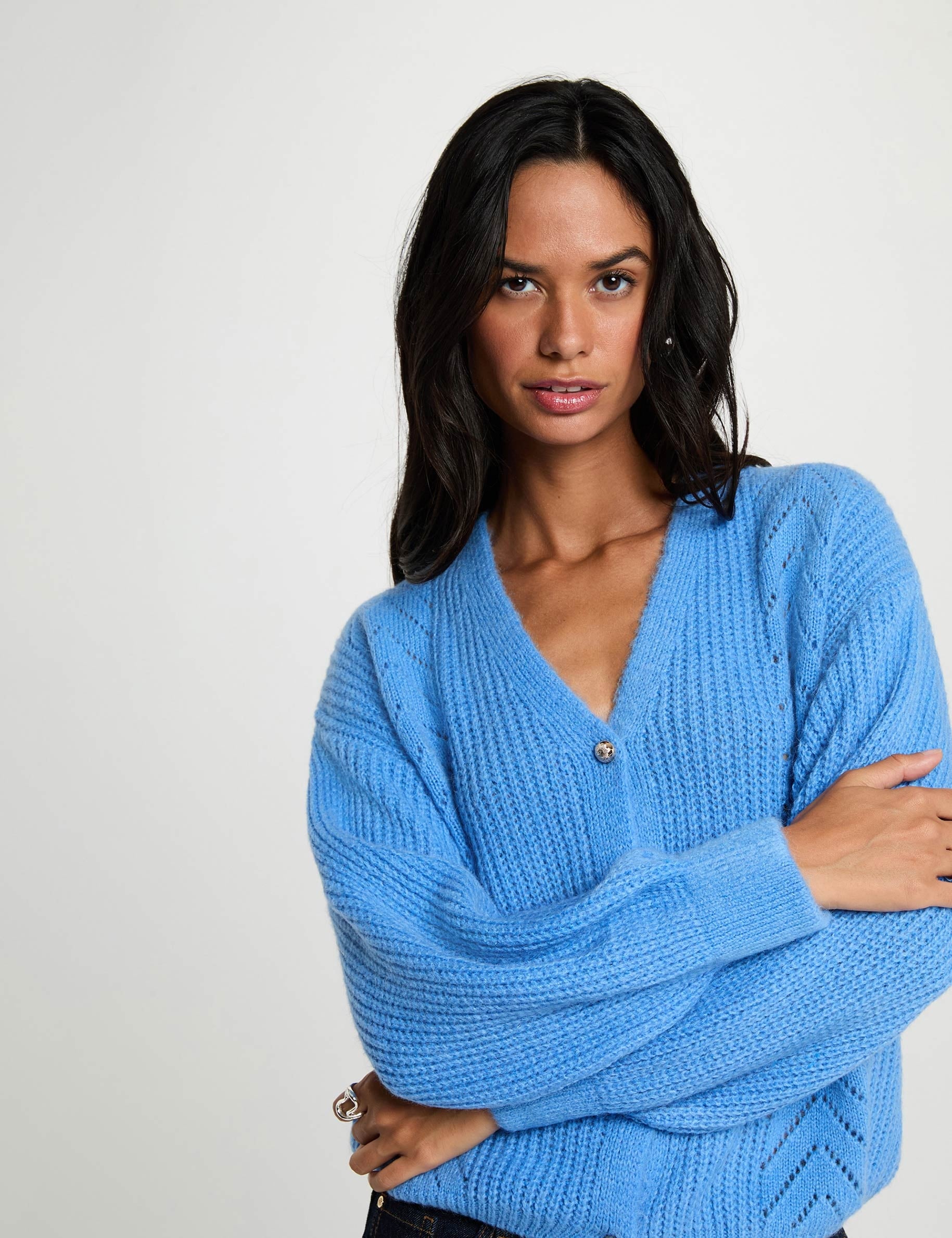 Gilet col v bleu femme