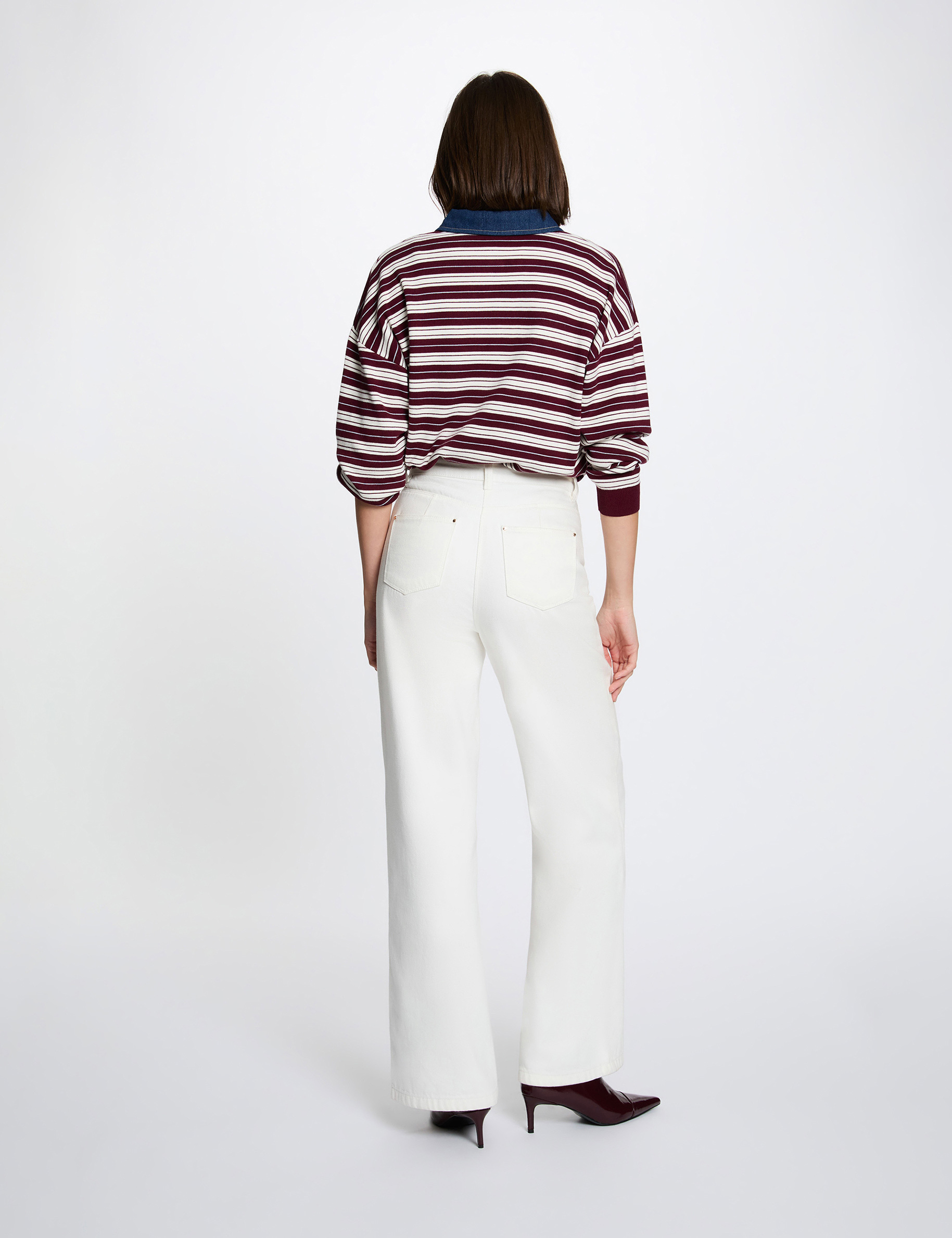 Pull ray&eacute; col &agrave; revers bordeaux femme
