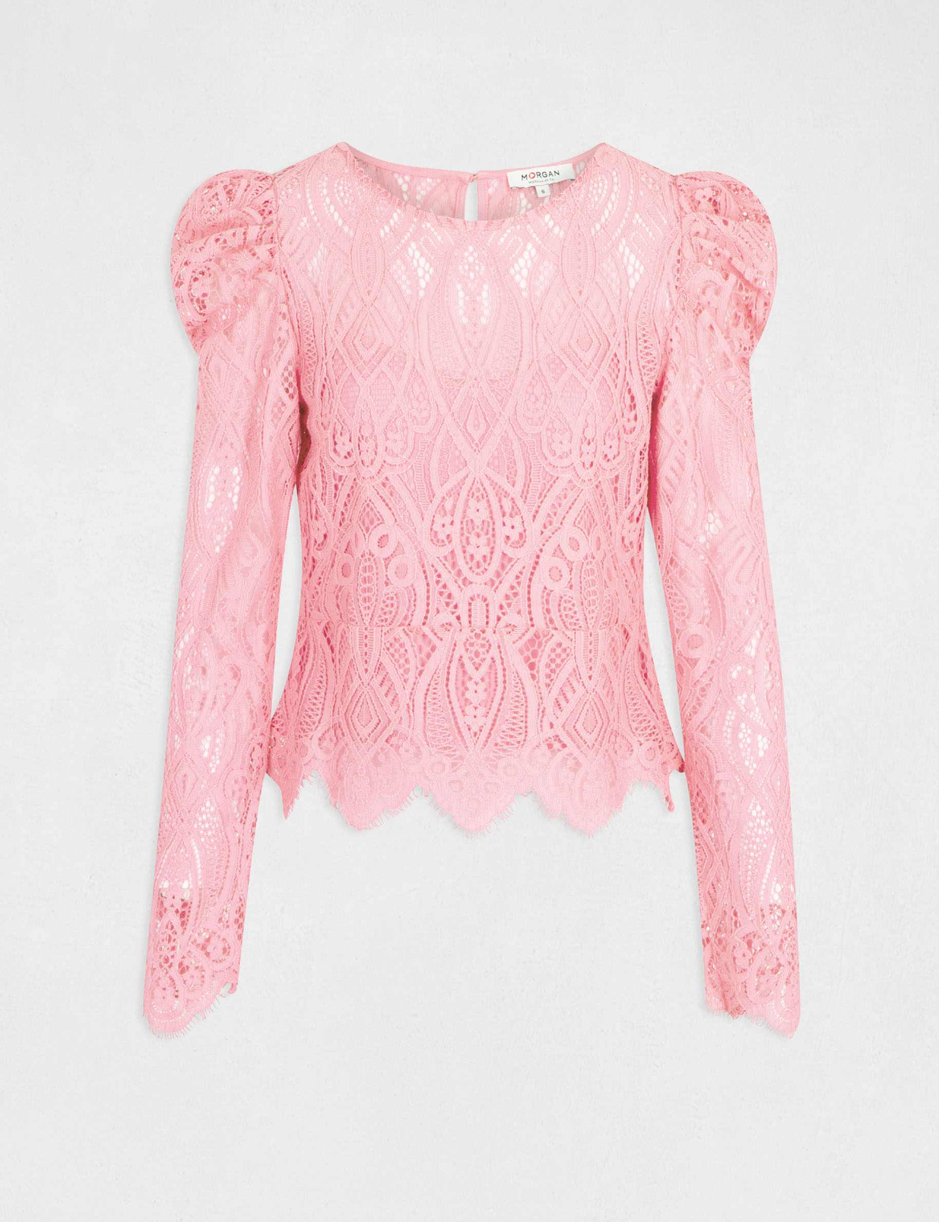 T-shirt manches longues à dentelle rose moyen femme T-shirt manches longues à dentelle rose moyen femme