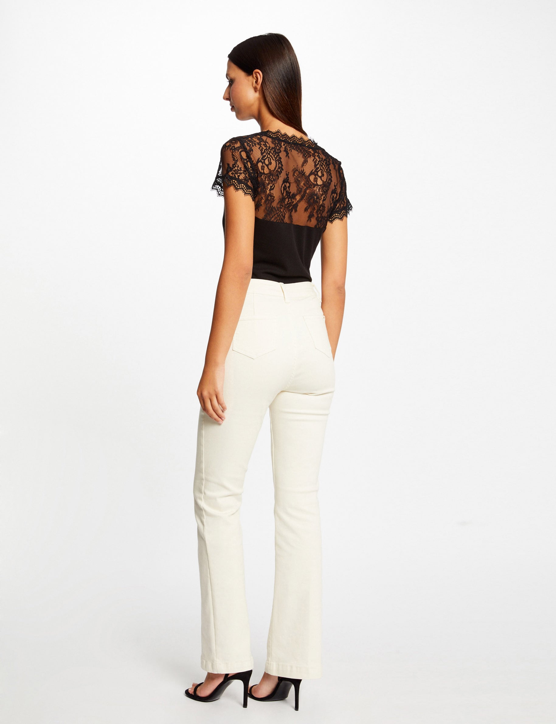 T-shirt manches courtes &agrave; dentelle noir femme