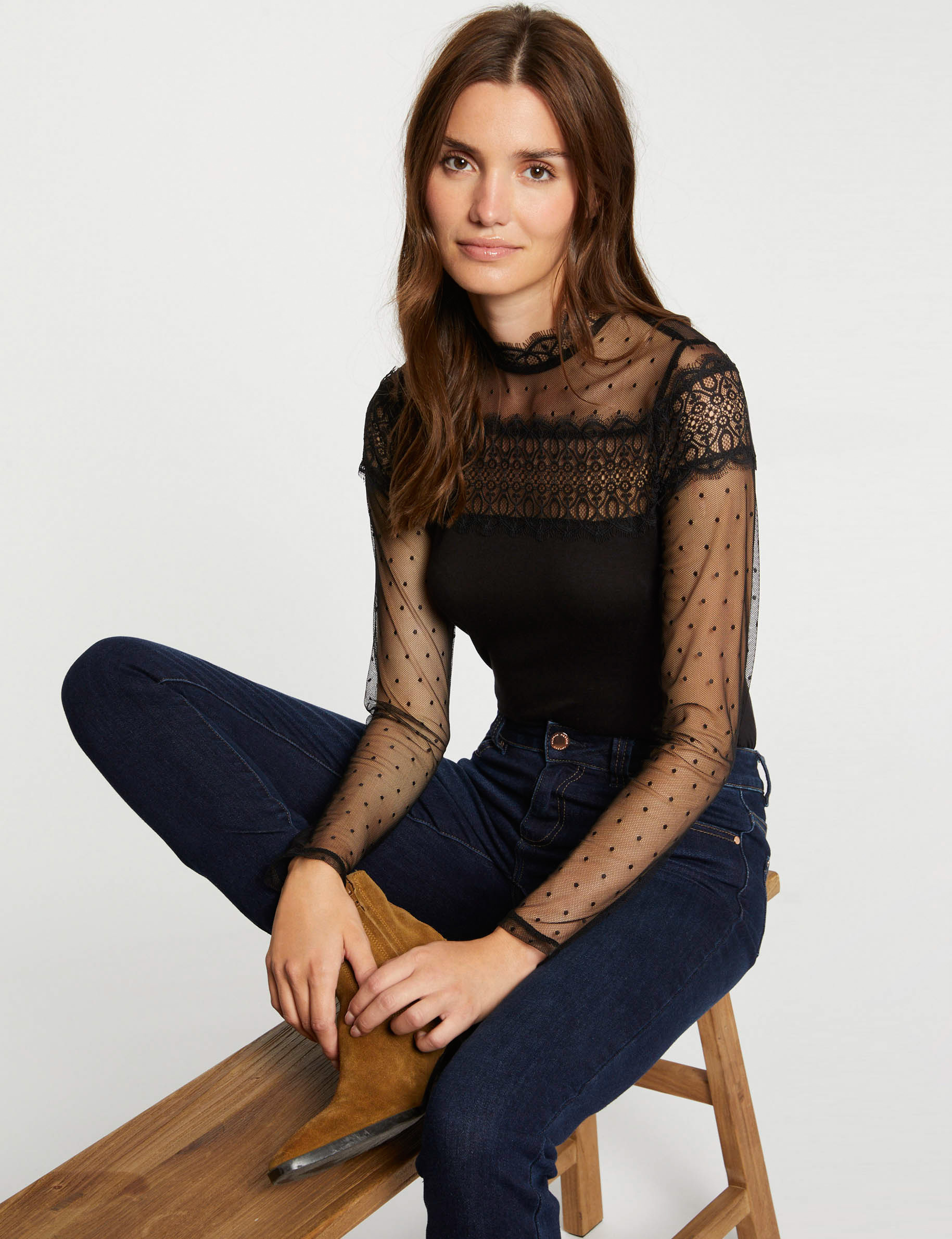 T-shirt manches longues à dentelle noir femme