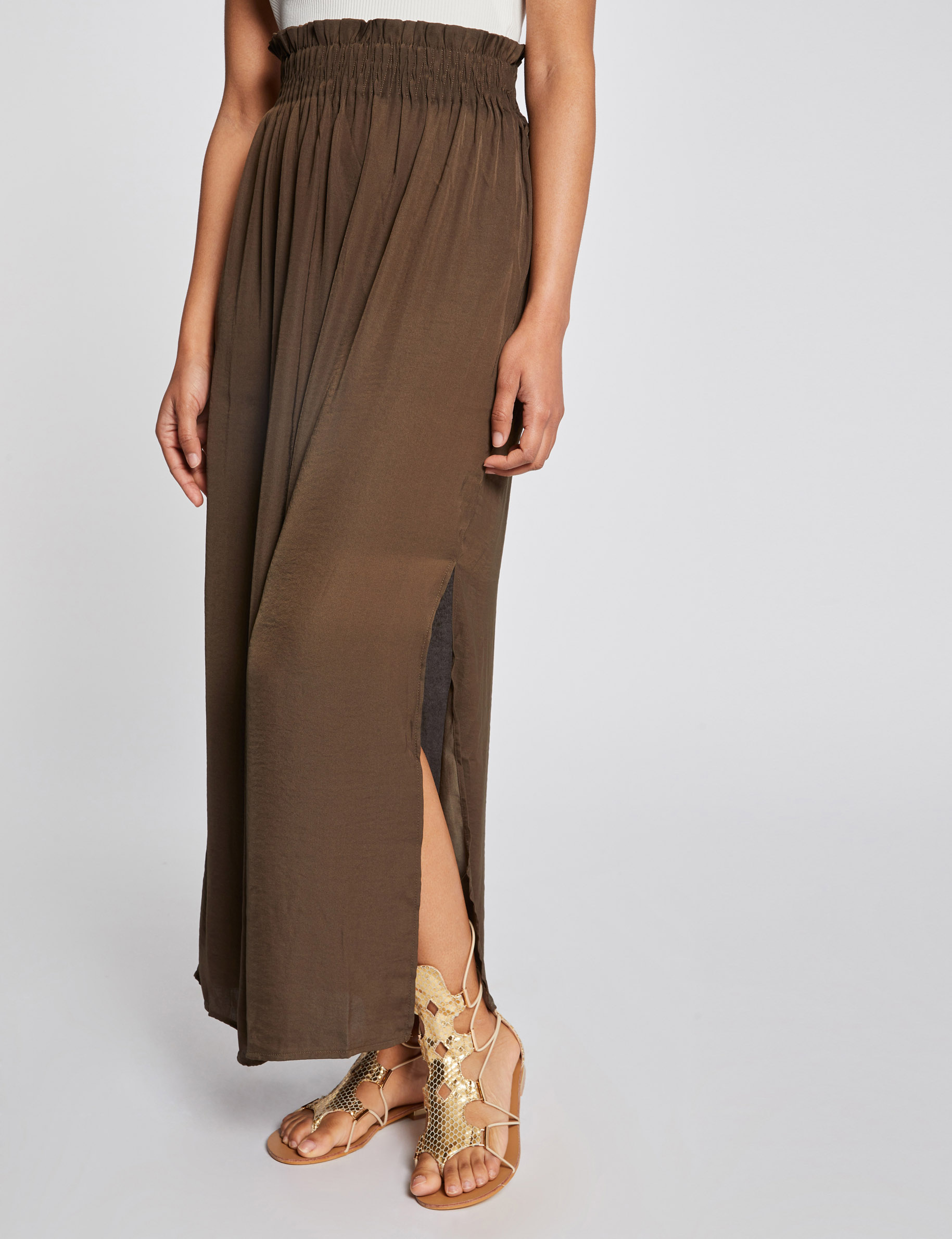 Jupe longue fluide taille élastiquée vert kaki femme Jupe longue fluide taille élastiquée vert kaki femme