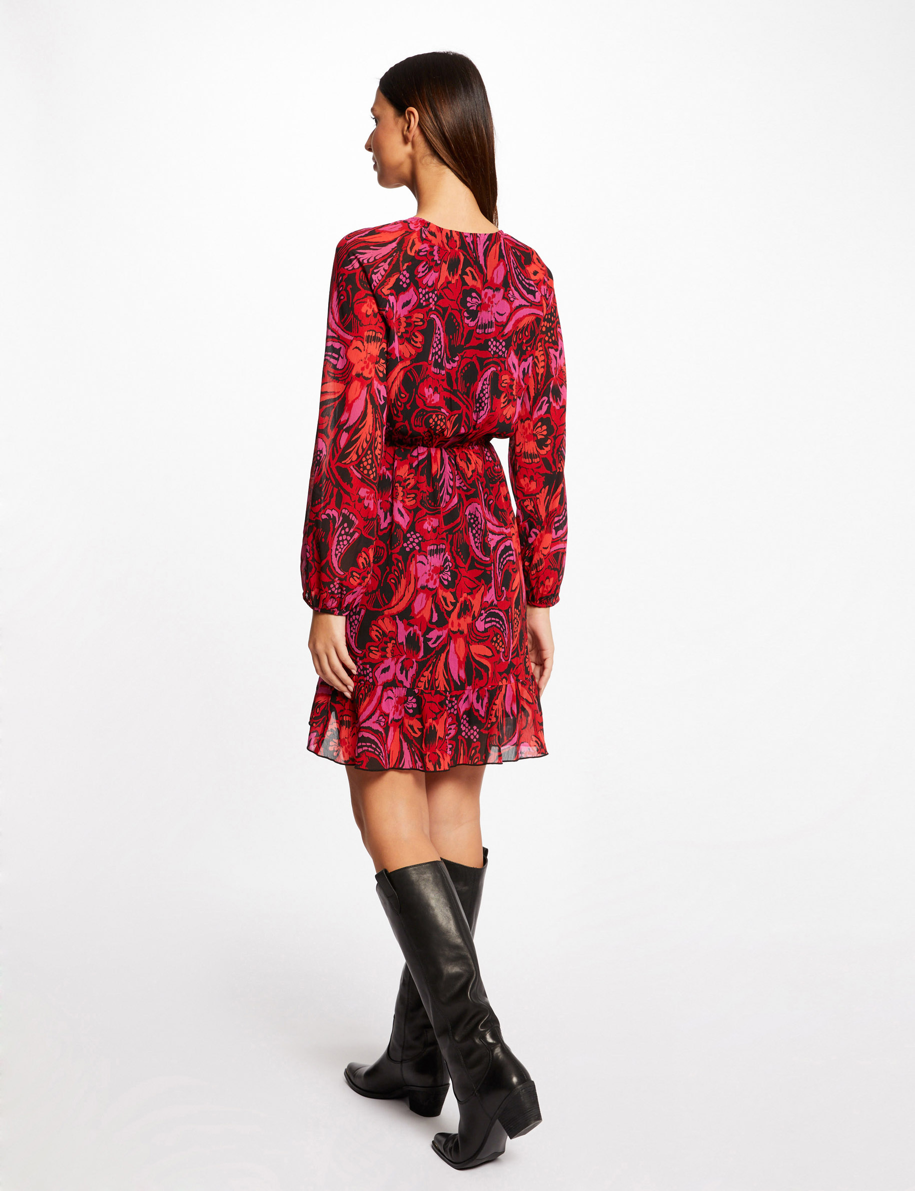 Robe droite froncée imprimé végétal multico femme