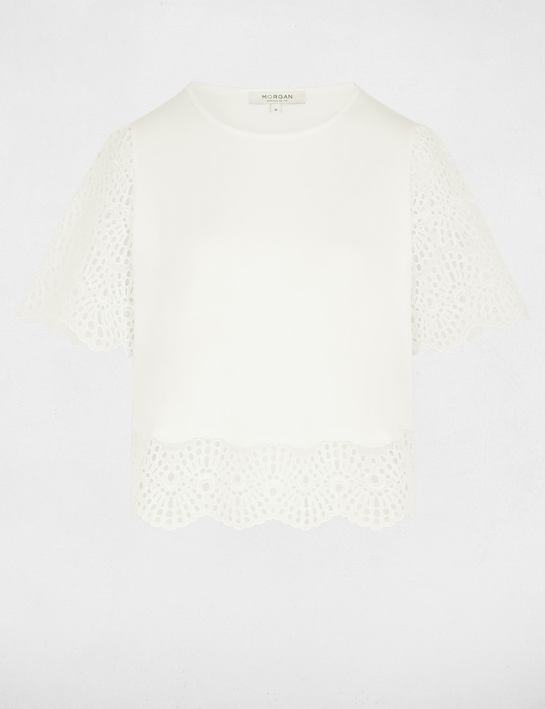 T-shirt dentelle col rond blanc femme