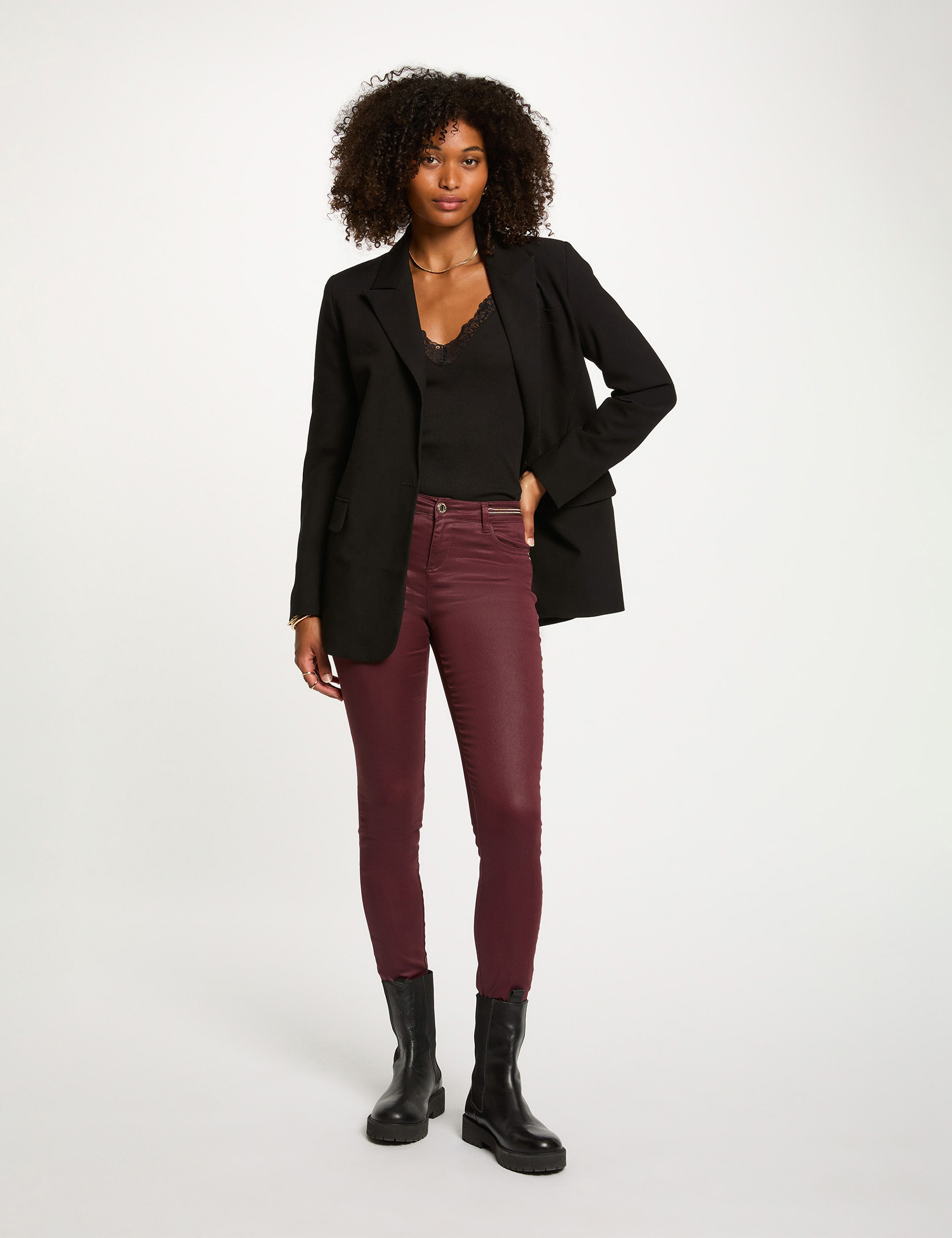 pantalon slim enduit prune femme Pantalon slim enduit prune femme