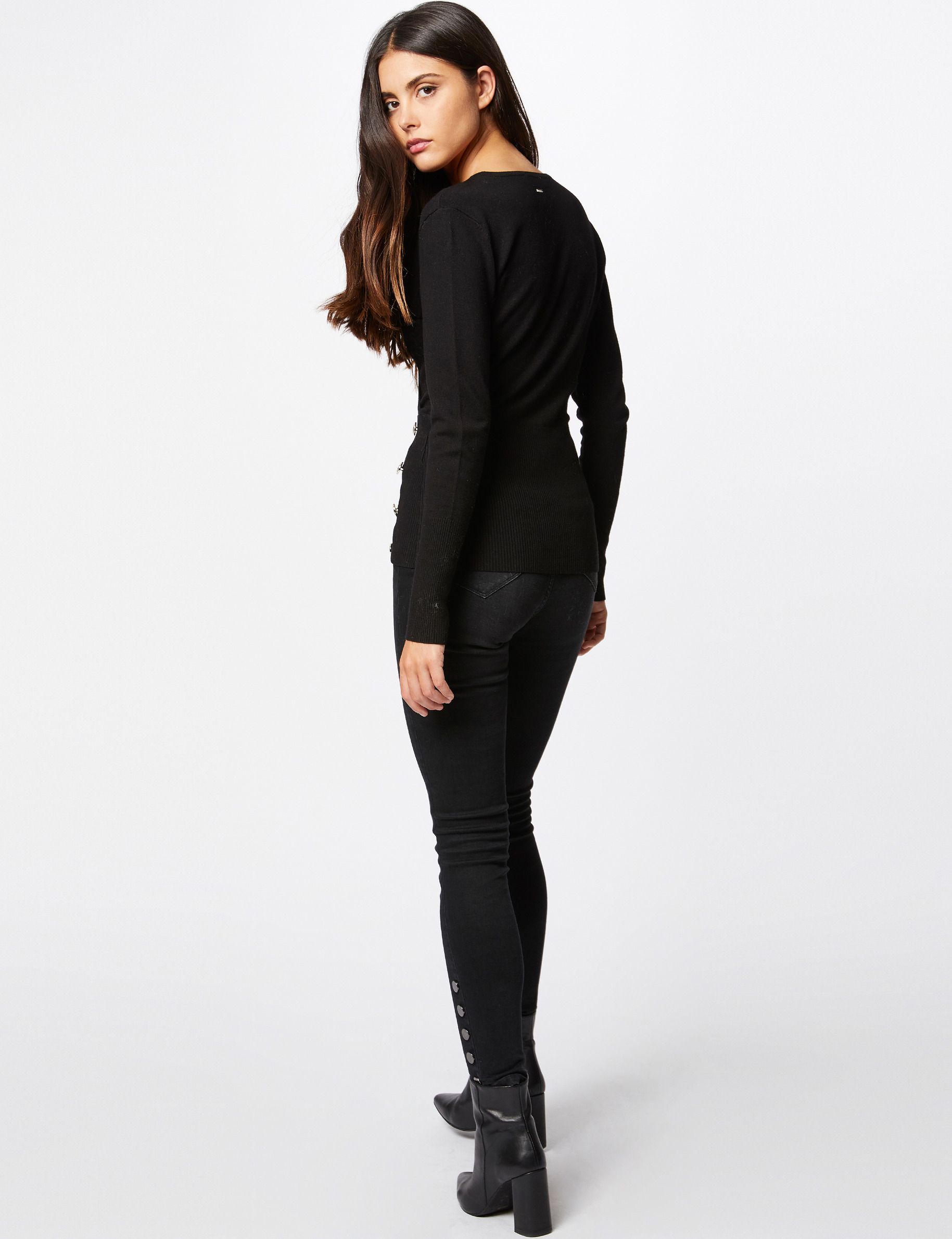 Pull manches longues &agrave; col effet crois&eacute; noir femme