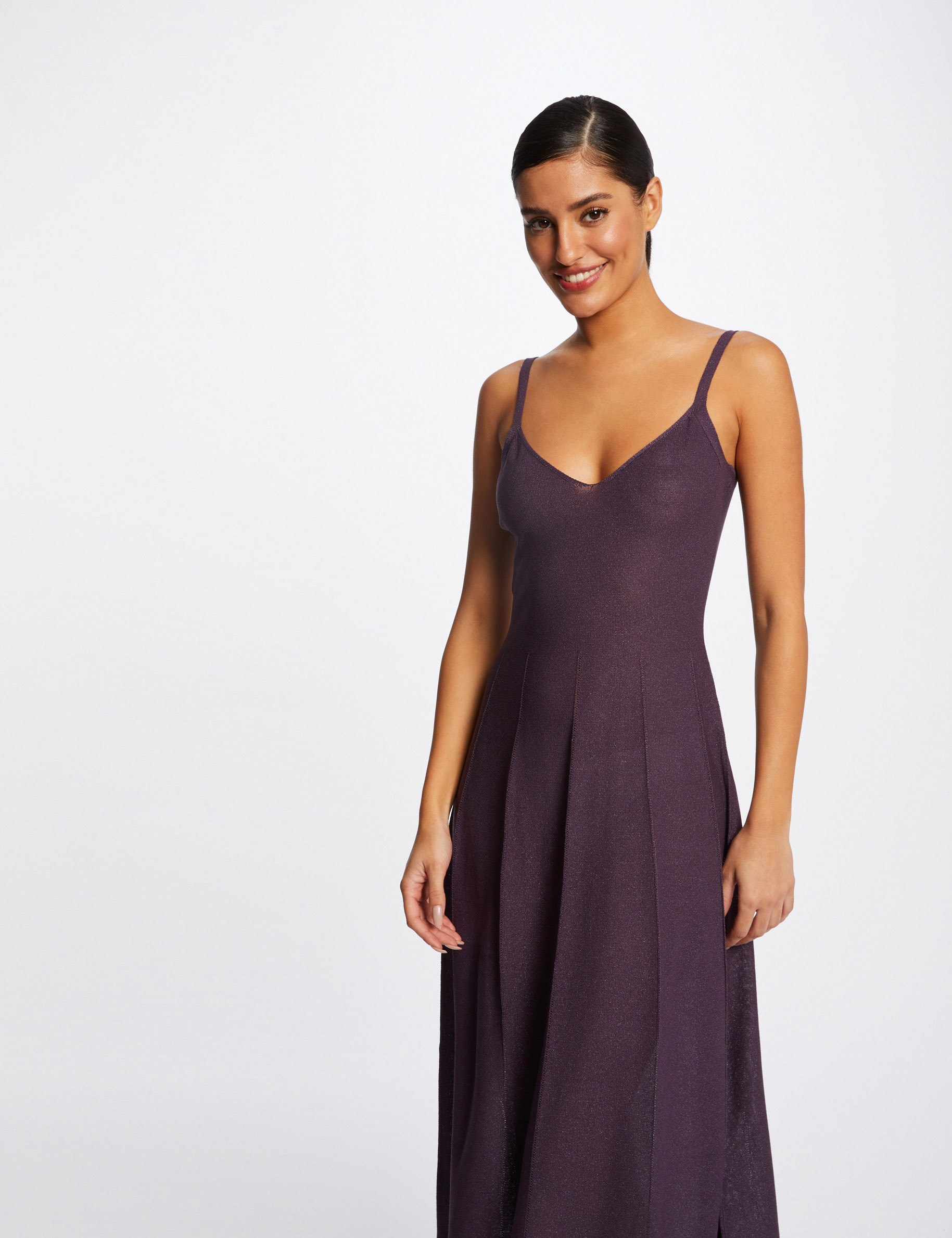 Robe pull midi évasée à bretelles fines prune femme Robe pull midi évasée à bretelles fines prune femme