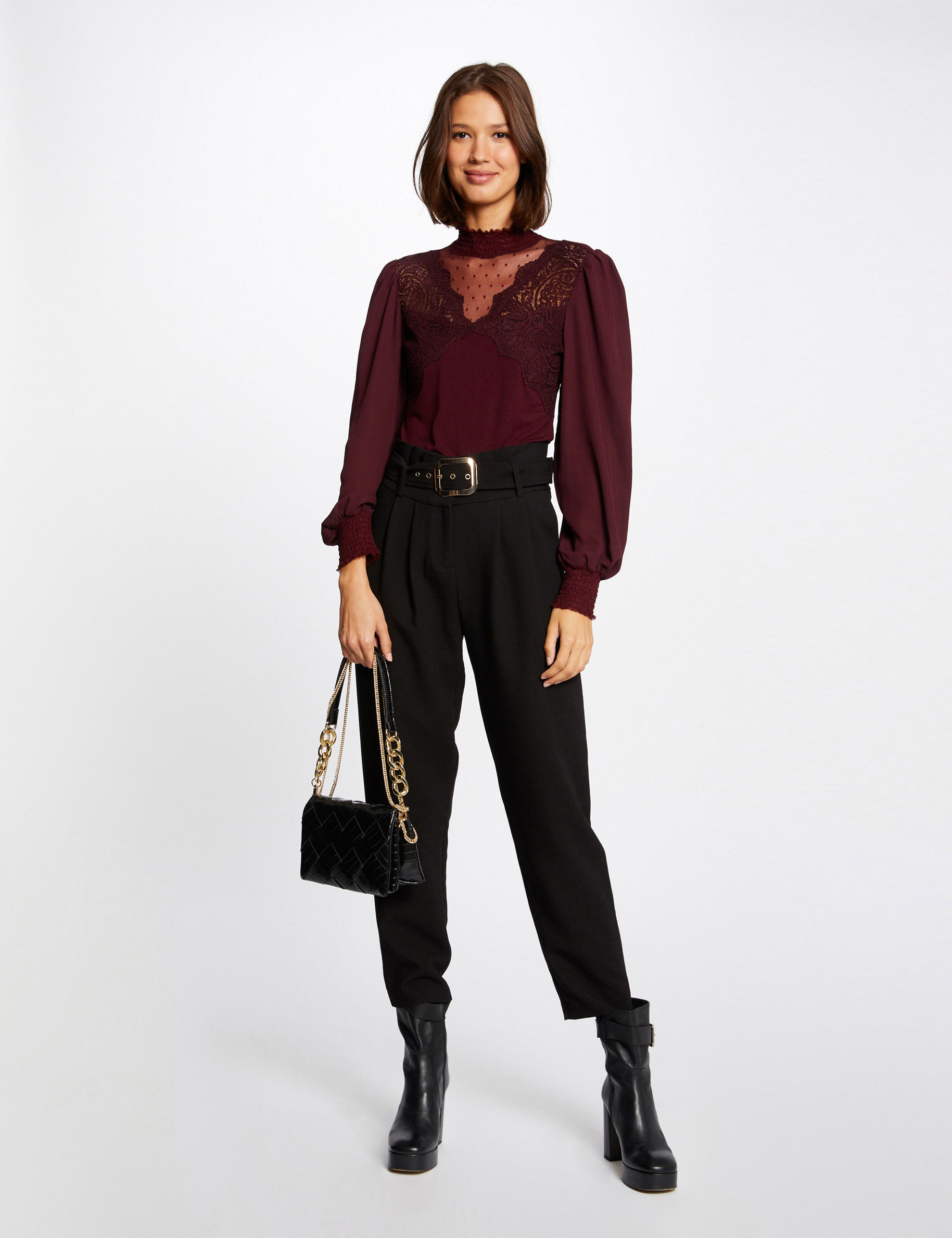 T-shirt manches longues à dentelle prune femme T-shirt manches longues à dentelle prune femme