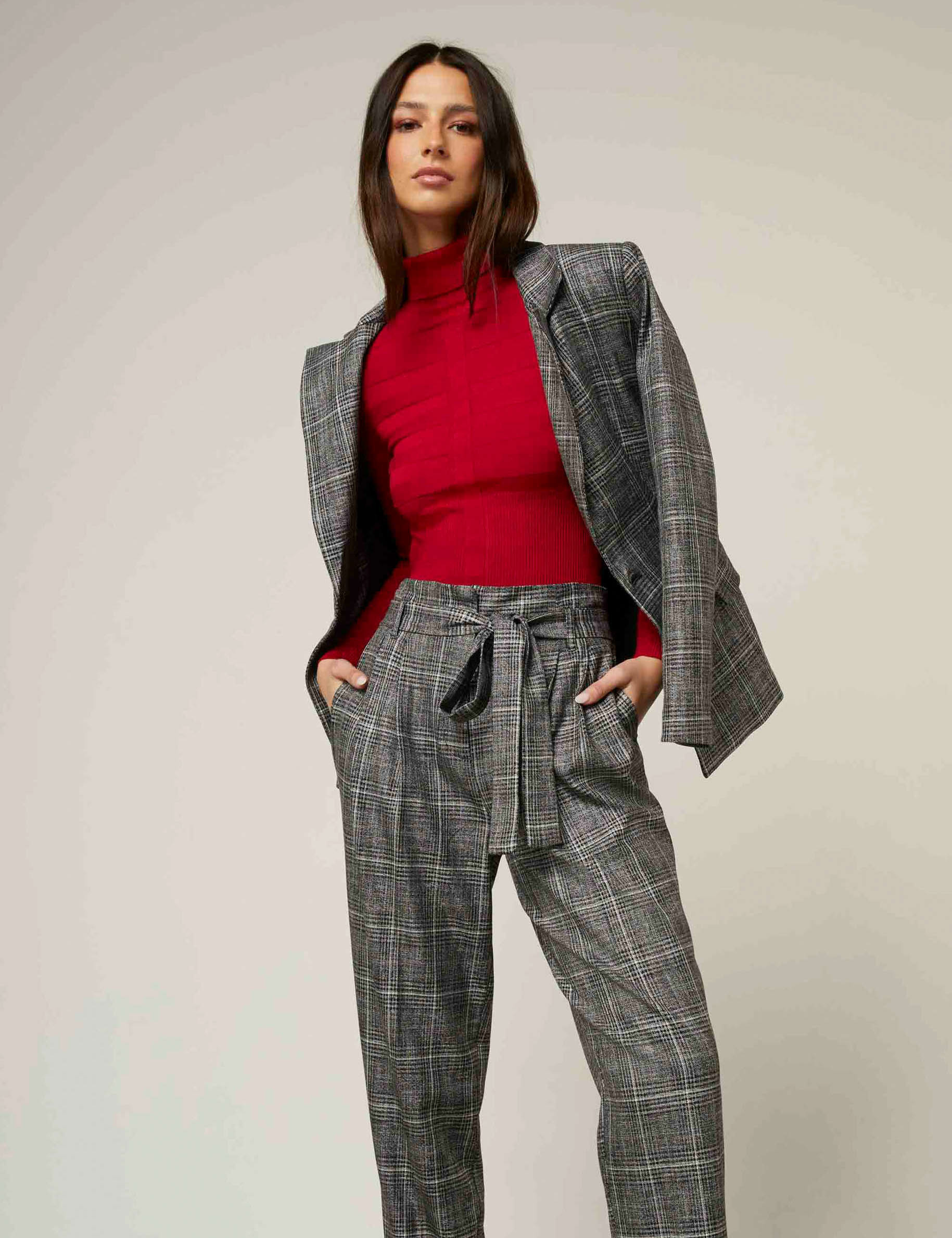 Veste tailleur city droite à carreaux gris moyen femme Veste tailleur city droite à carreaux gris moyen femme