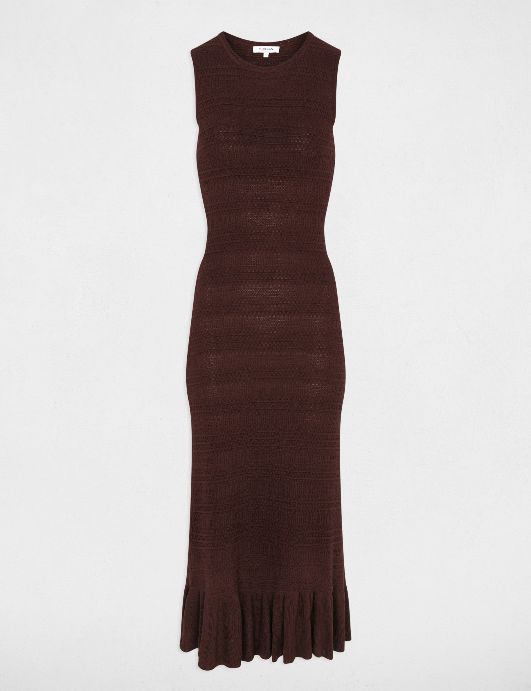 Robe tricot longue sans manches marron fonc&eacute; femme