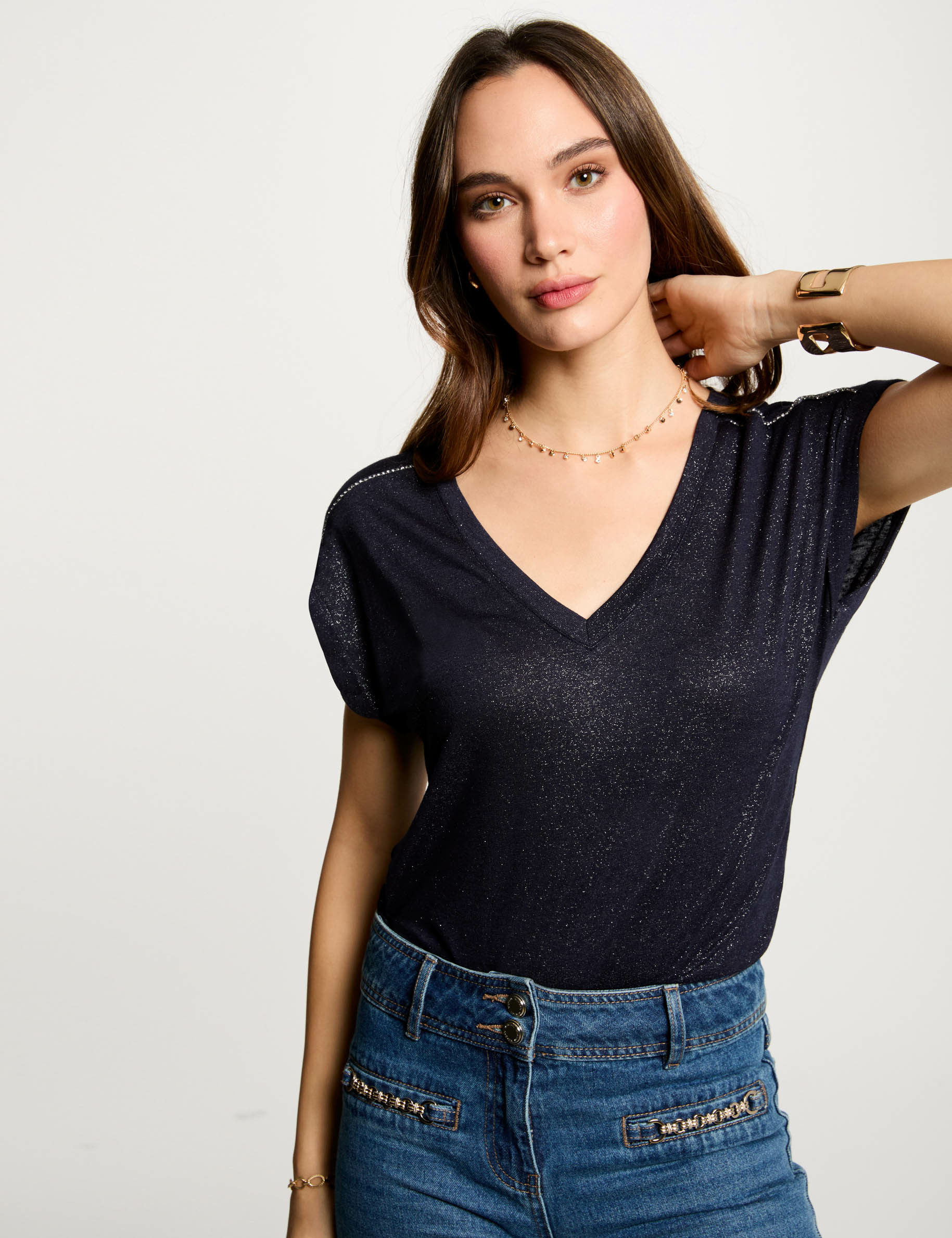 t shirt manches courtes strass bleu marine femme T-shirt manches courtes strass bleu marine femme