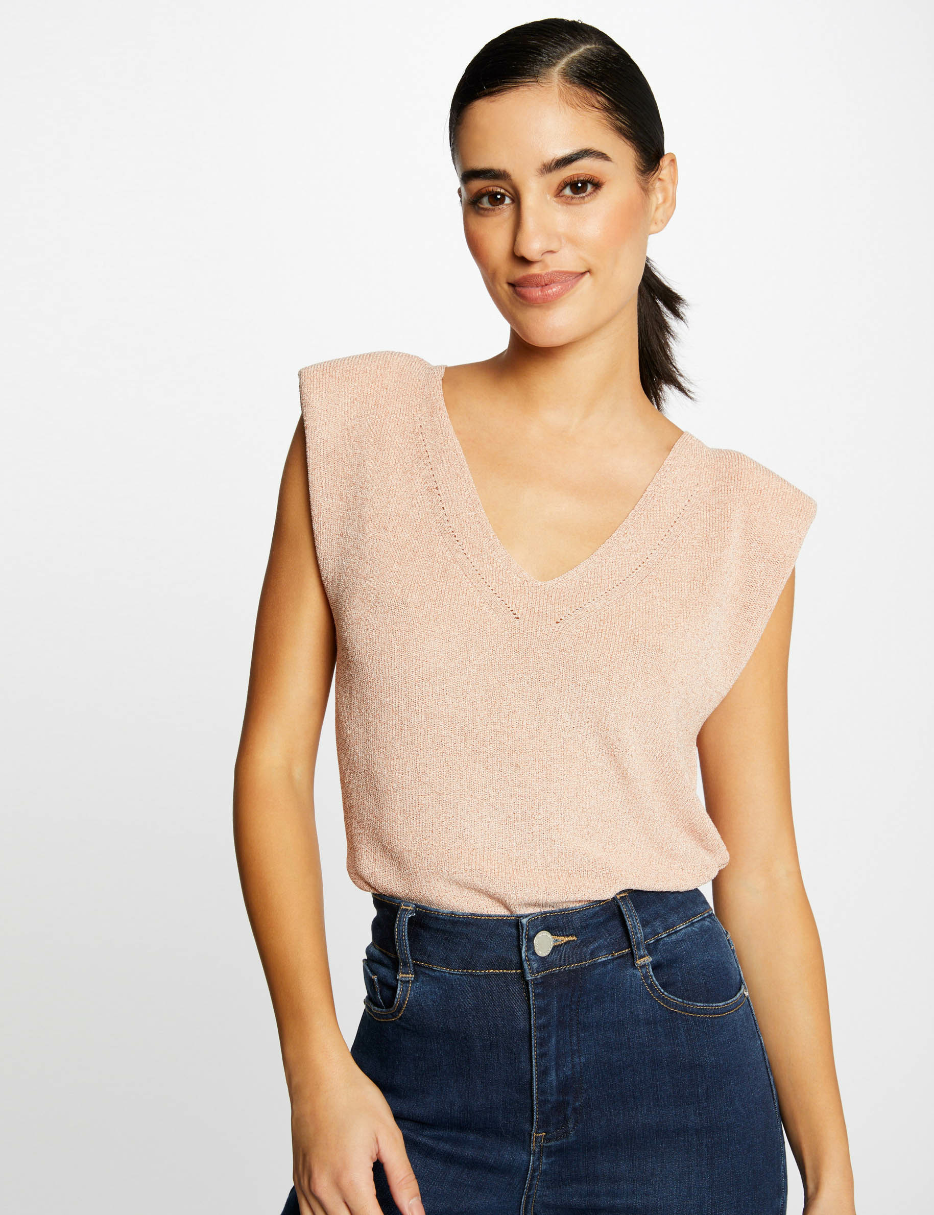 Image of Pull manches courtes à épaulettes vieux rose femme