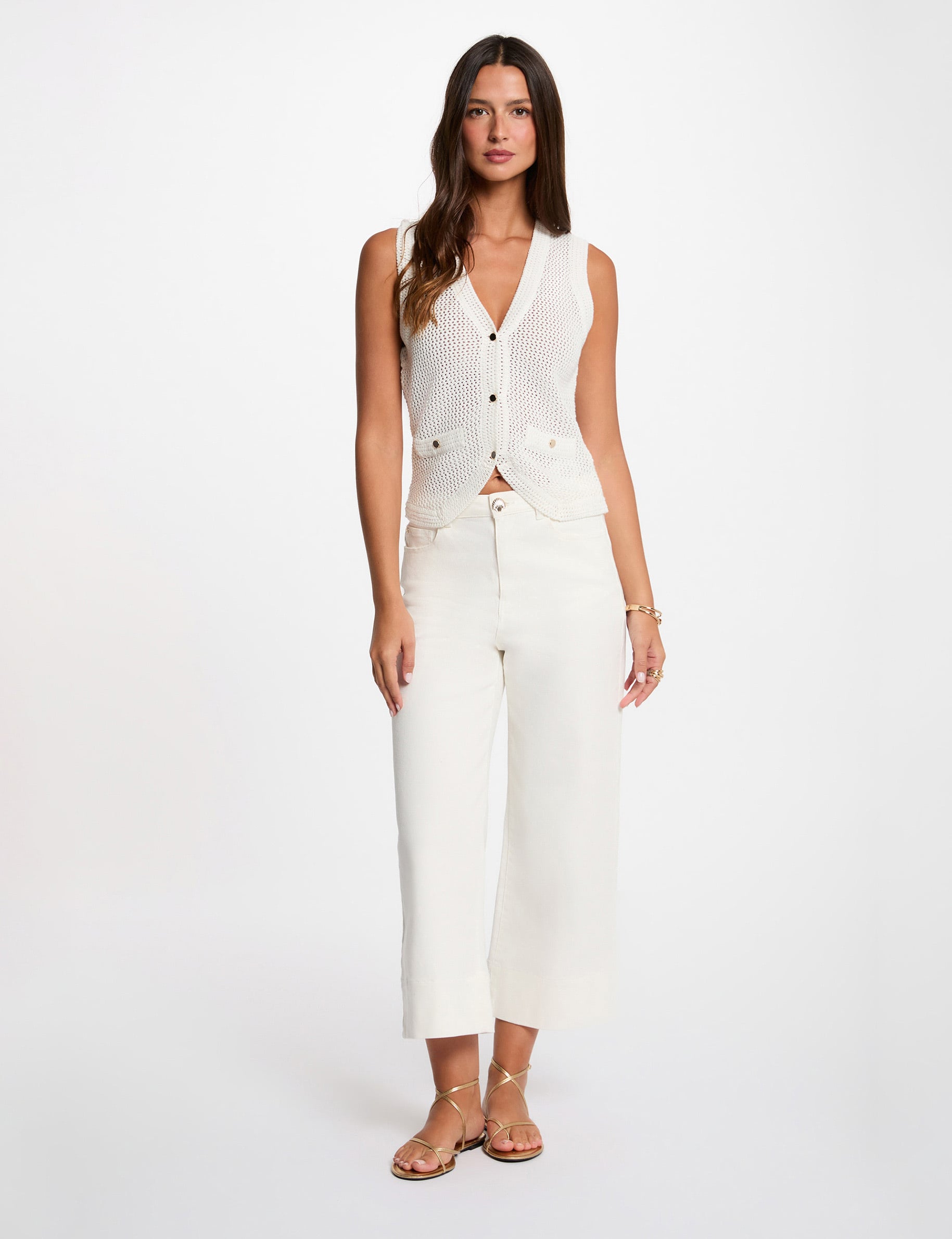 Gilet ajour&eacute; sans manches blanc femme