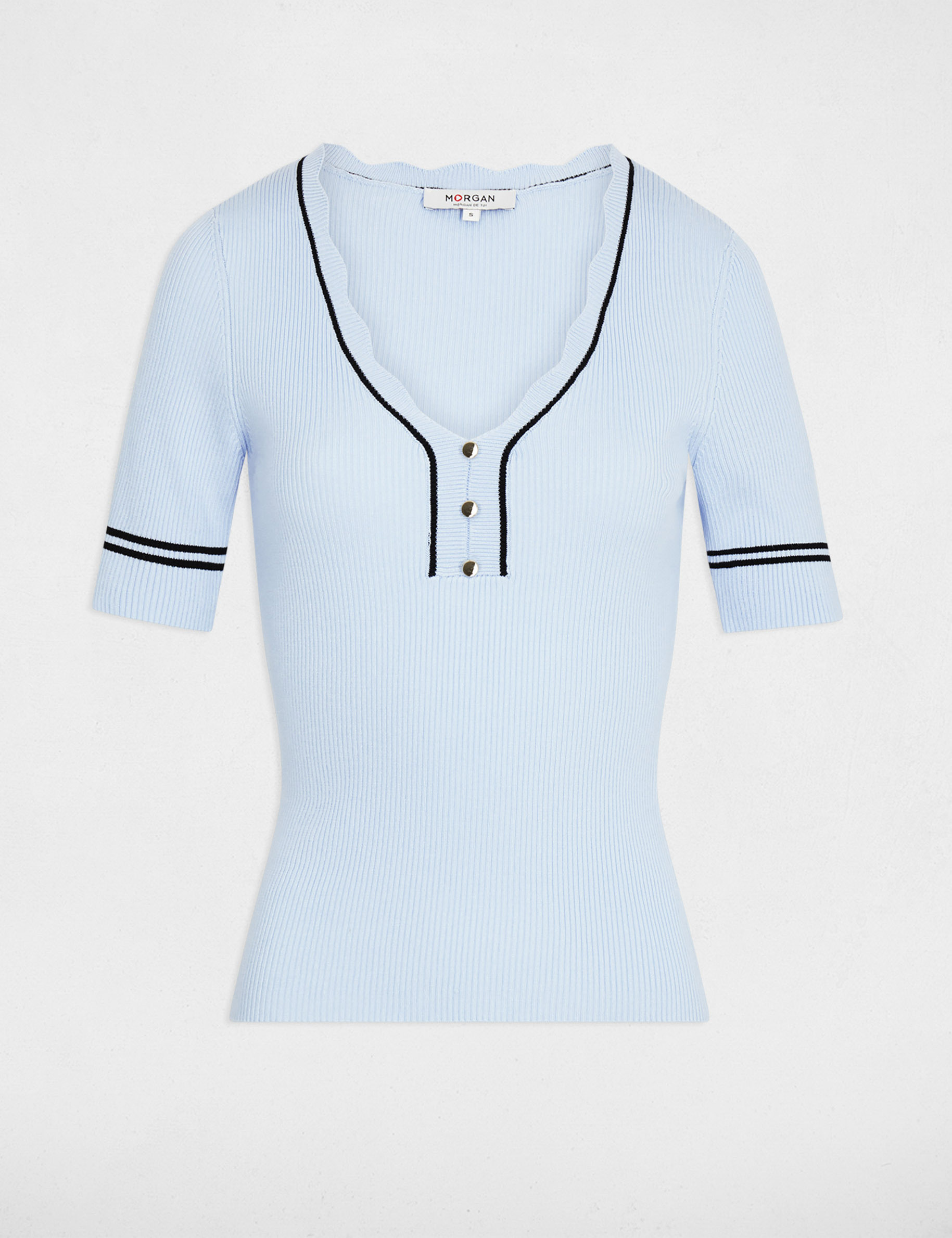 Pull ajust&eacute; col v bleu ciel femme
