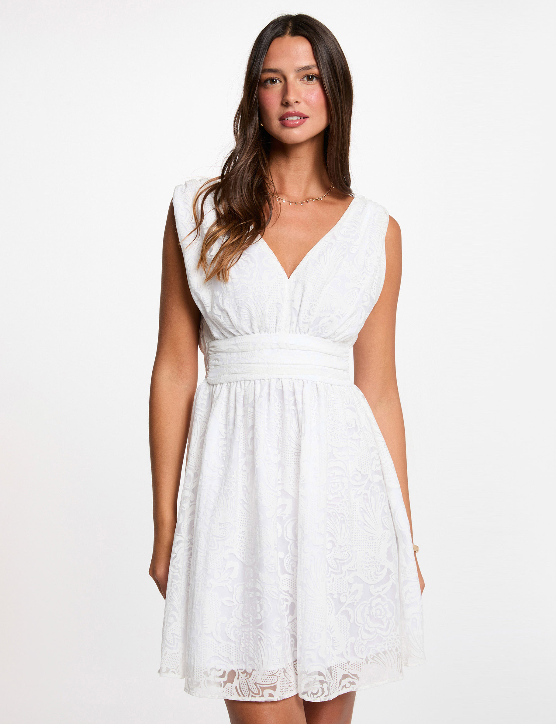 Robe jacquard col v blanc femme