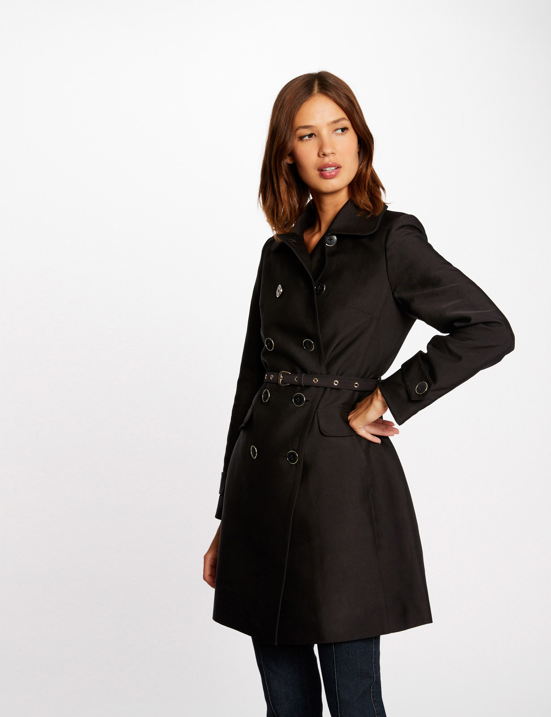 Trench droit boutonné et ceinturé noir femme