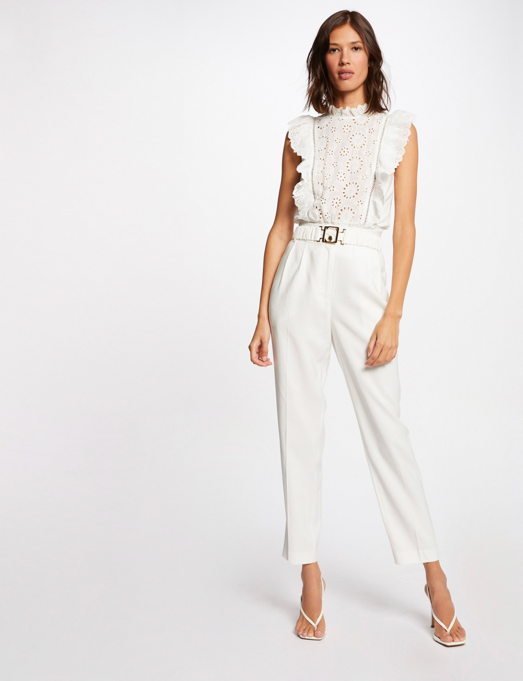 Débardeur bretelles larges à broderie ecru femme