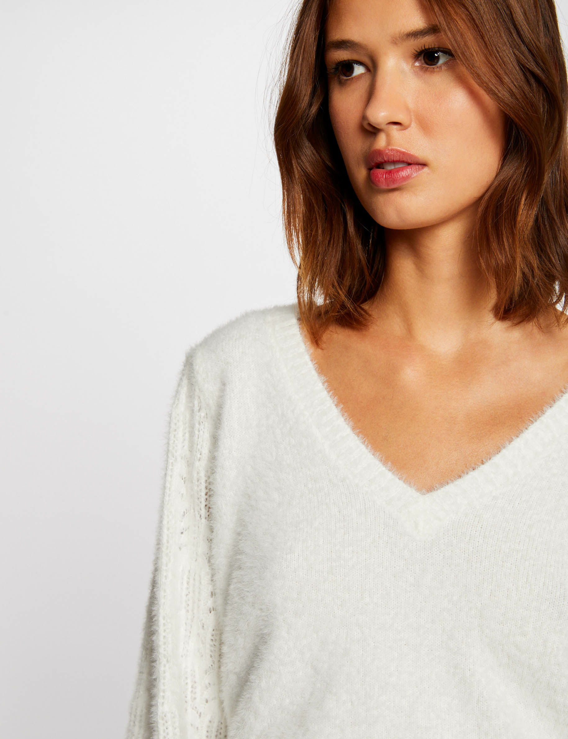 Pull manches longues ajourées ecru femme