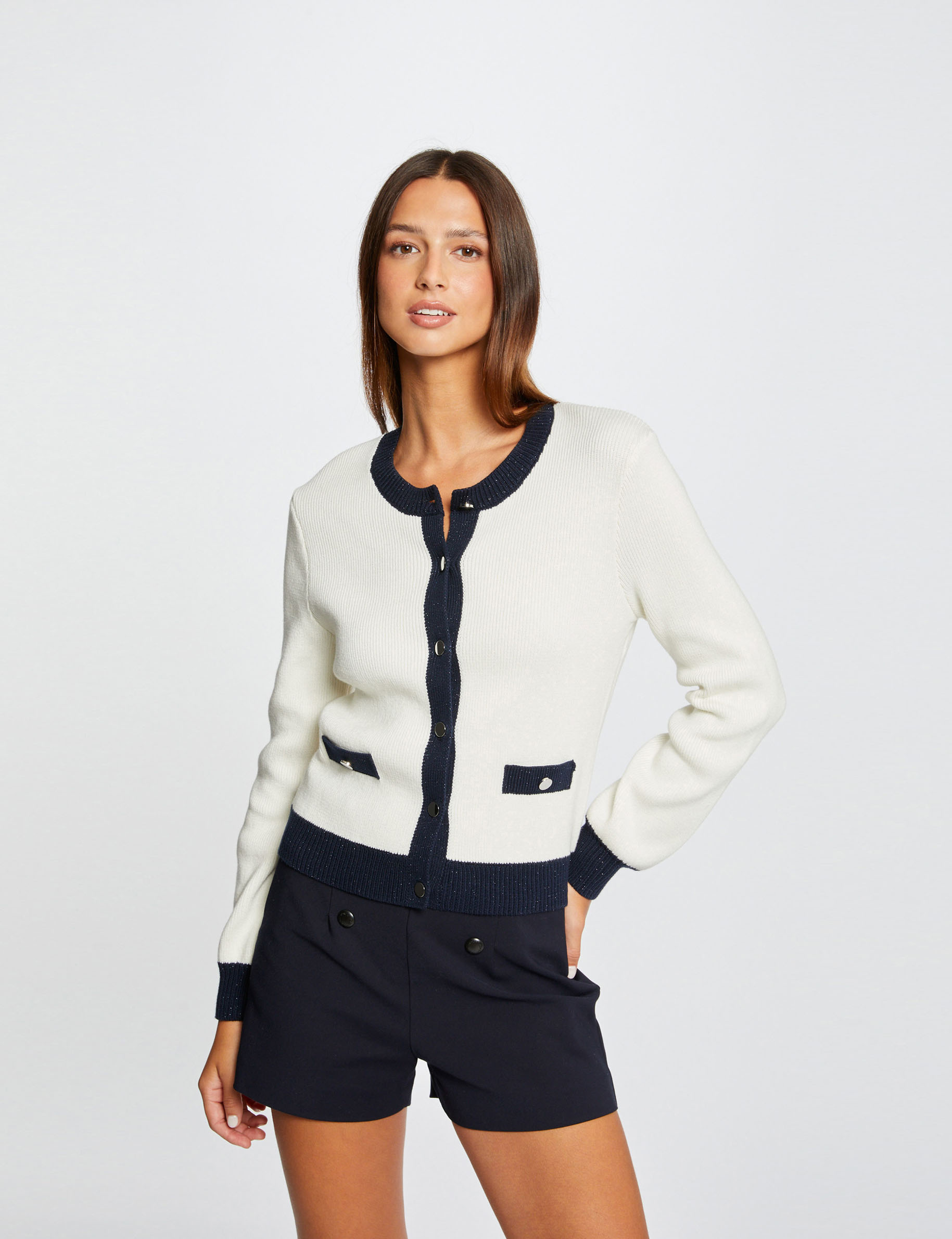 gilet manches longues a col rond ivoire femme Gilet manches longues à col rond ivoire femme