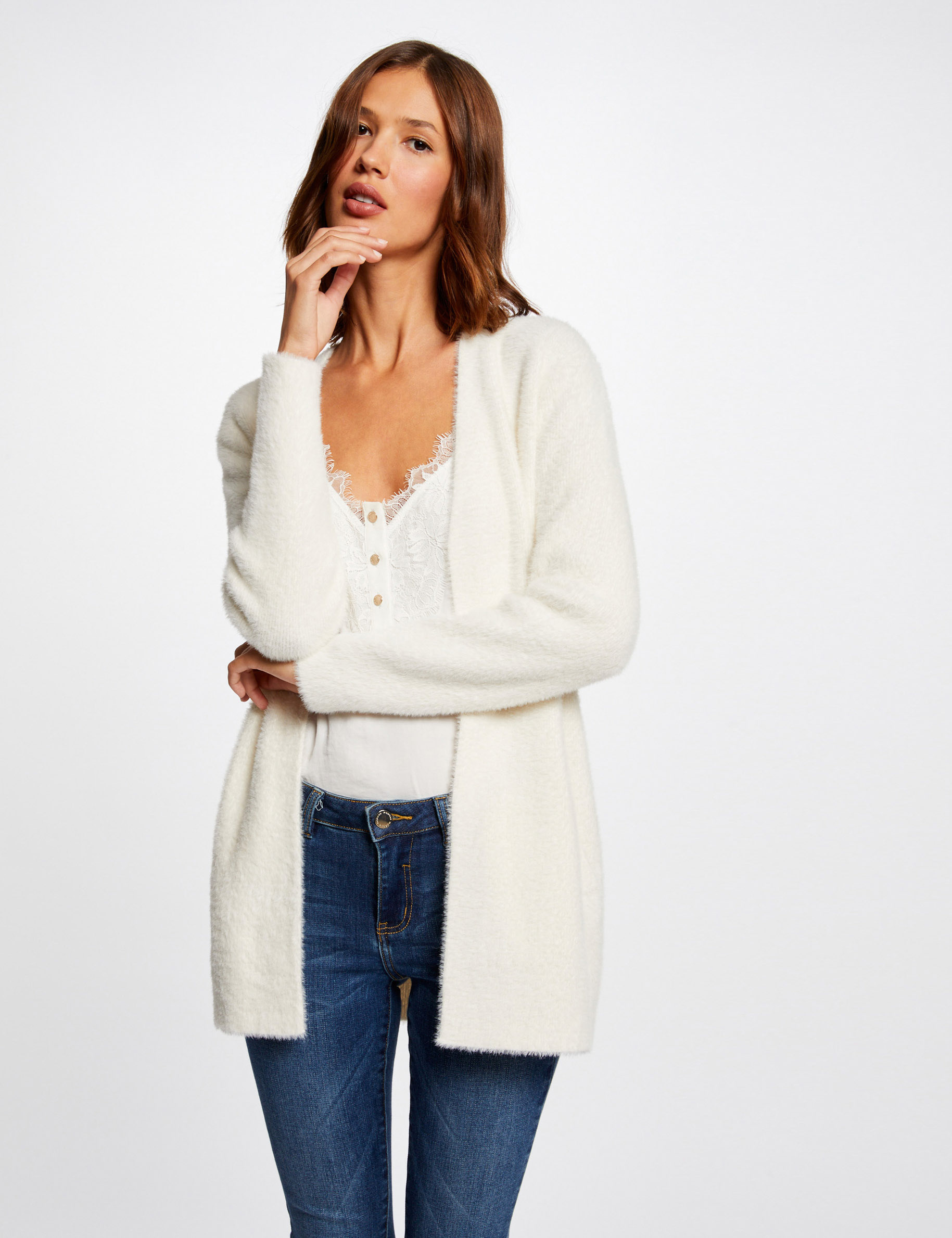 Gilet long maille duveteuse ivoire femme Gilet long maille duveteuse ivoire femme