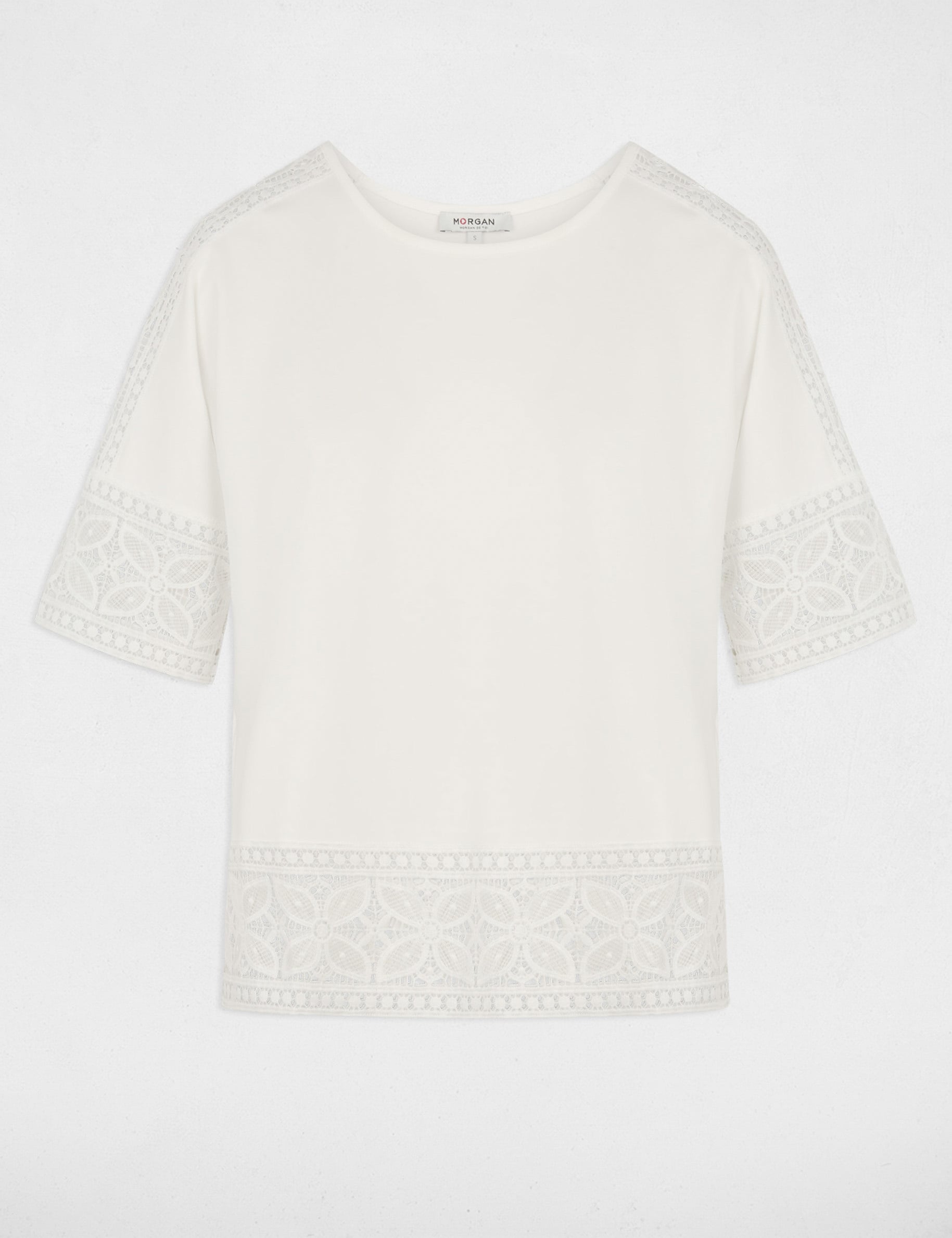 T-shirt dentelle col rond blanc femme