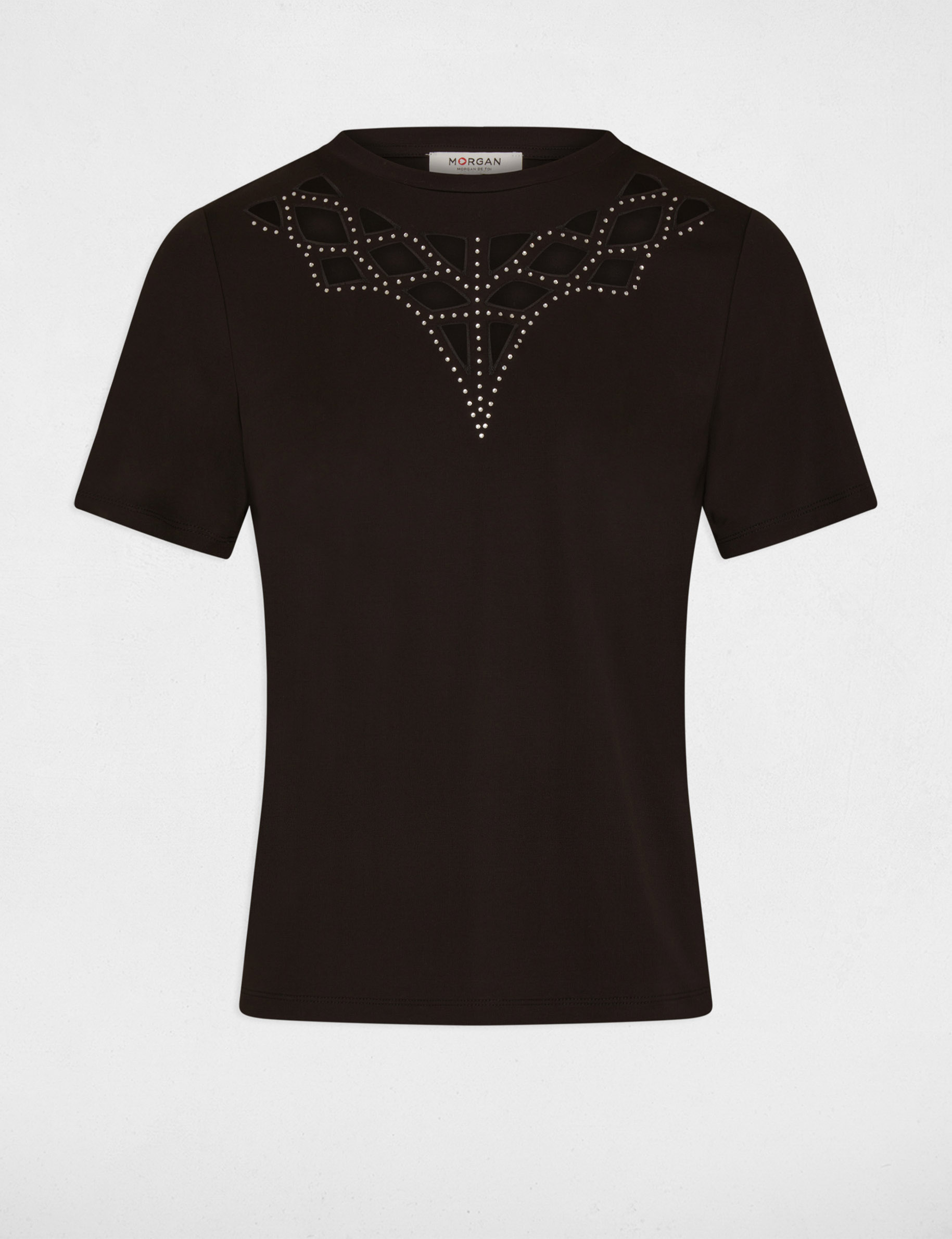 T-shirt manches courtes strass noir femme