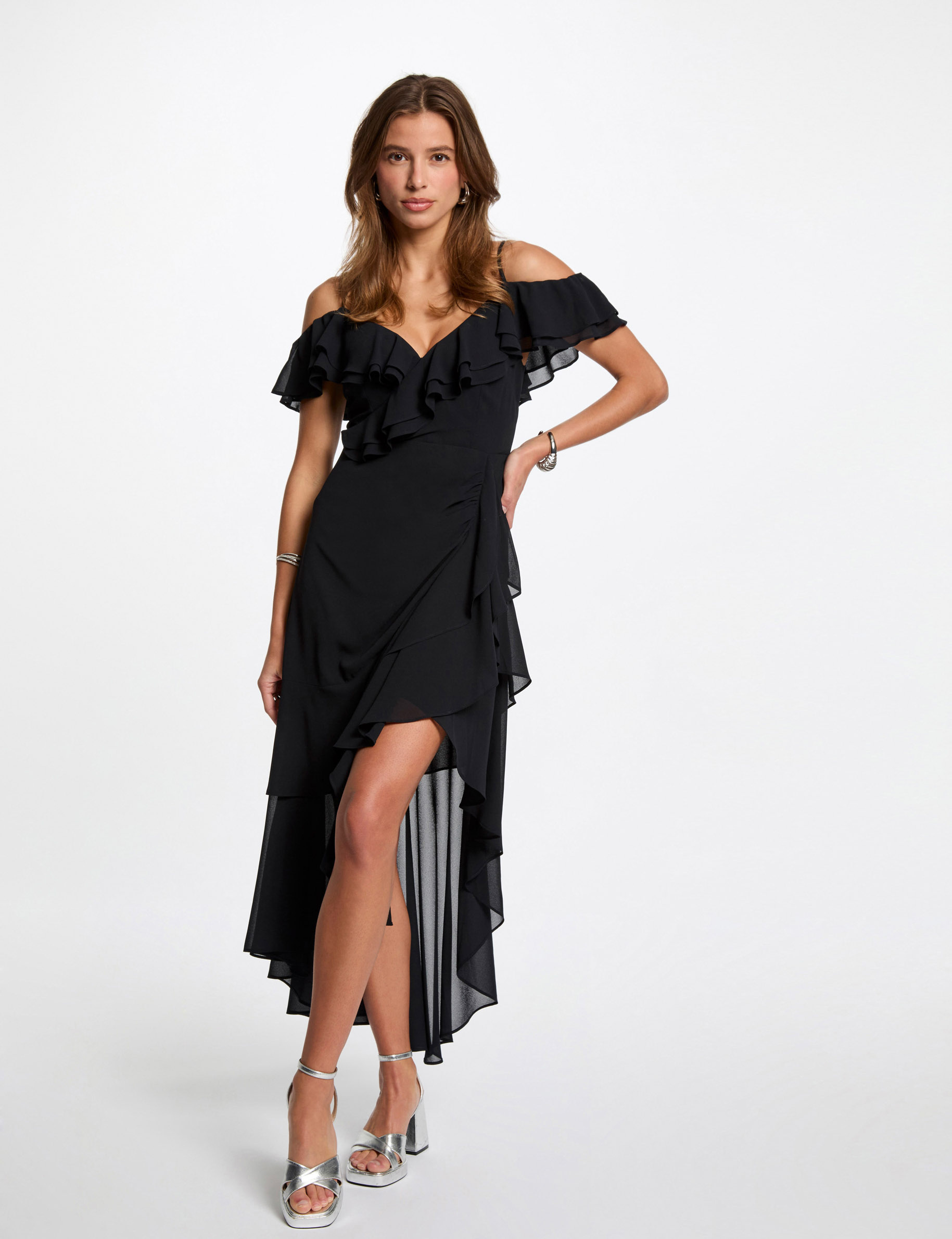 robe midi droite volants bleu marine femme Robe midi droite volants bleu marine femme