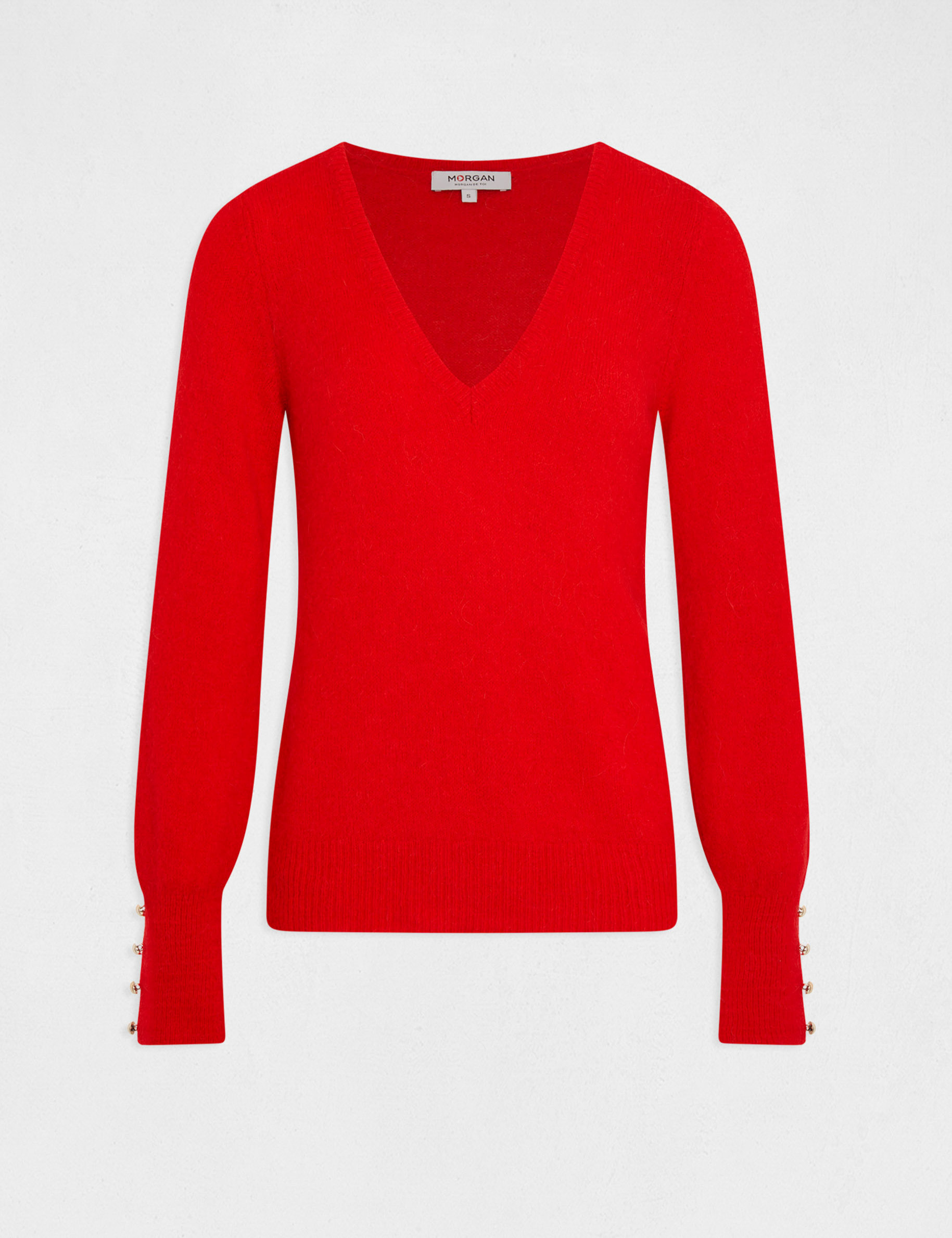 Pull manches longues à col en V rouge femme