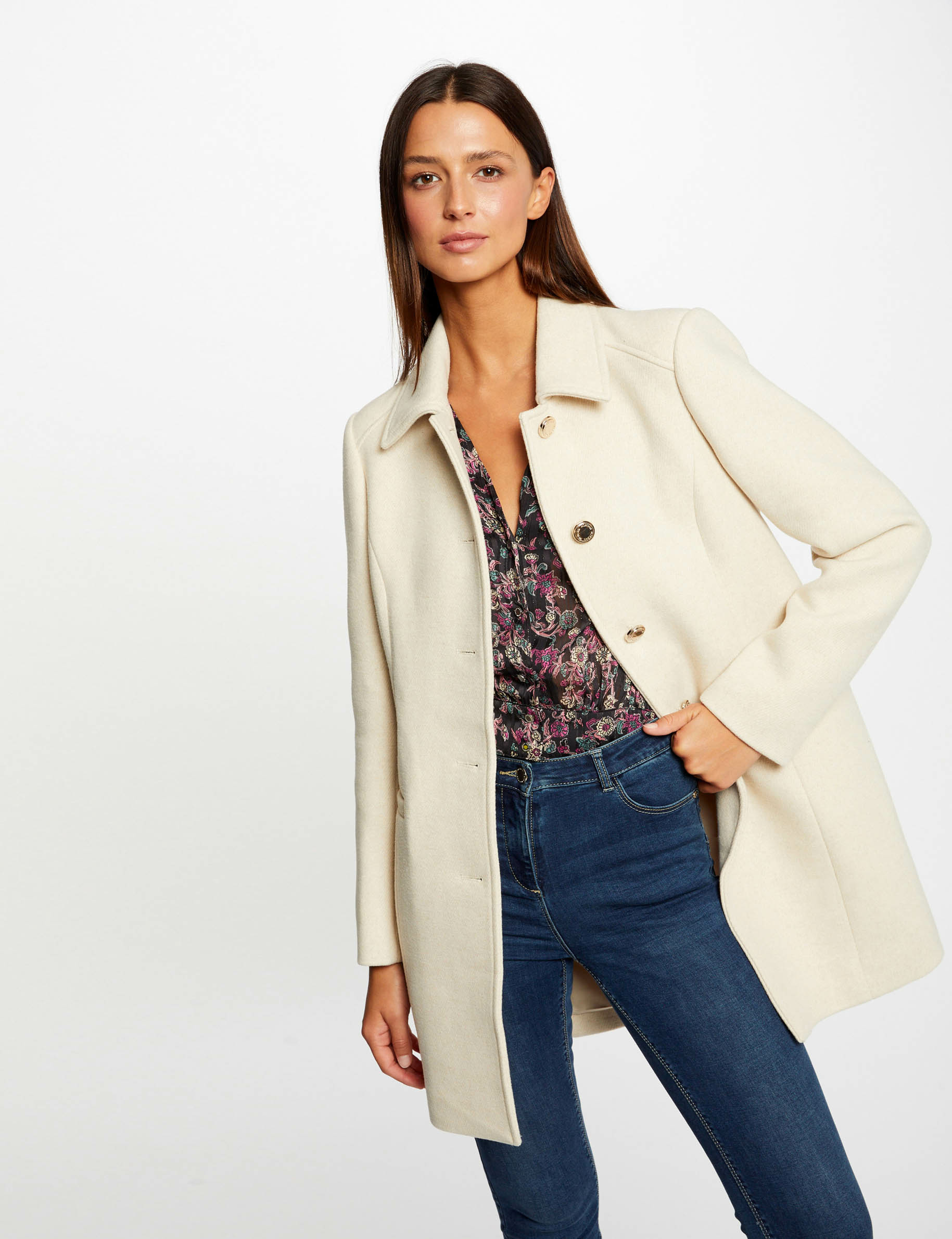 Manteau long droit boutonné ivoire femme