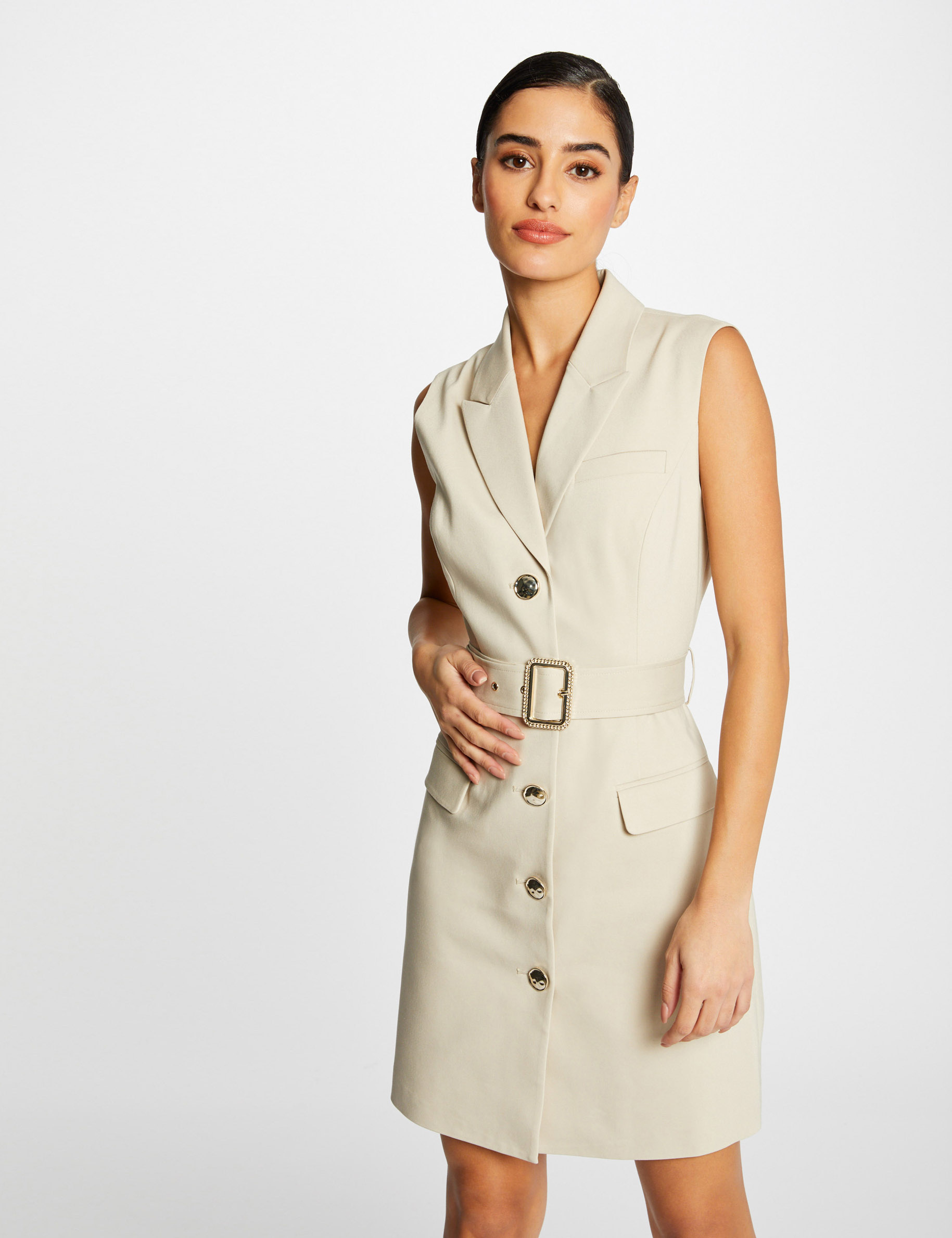 Robe droite sans manches ceinturée beige femme Robe droite sans manches ceinturée beige femme