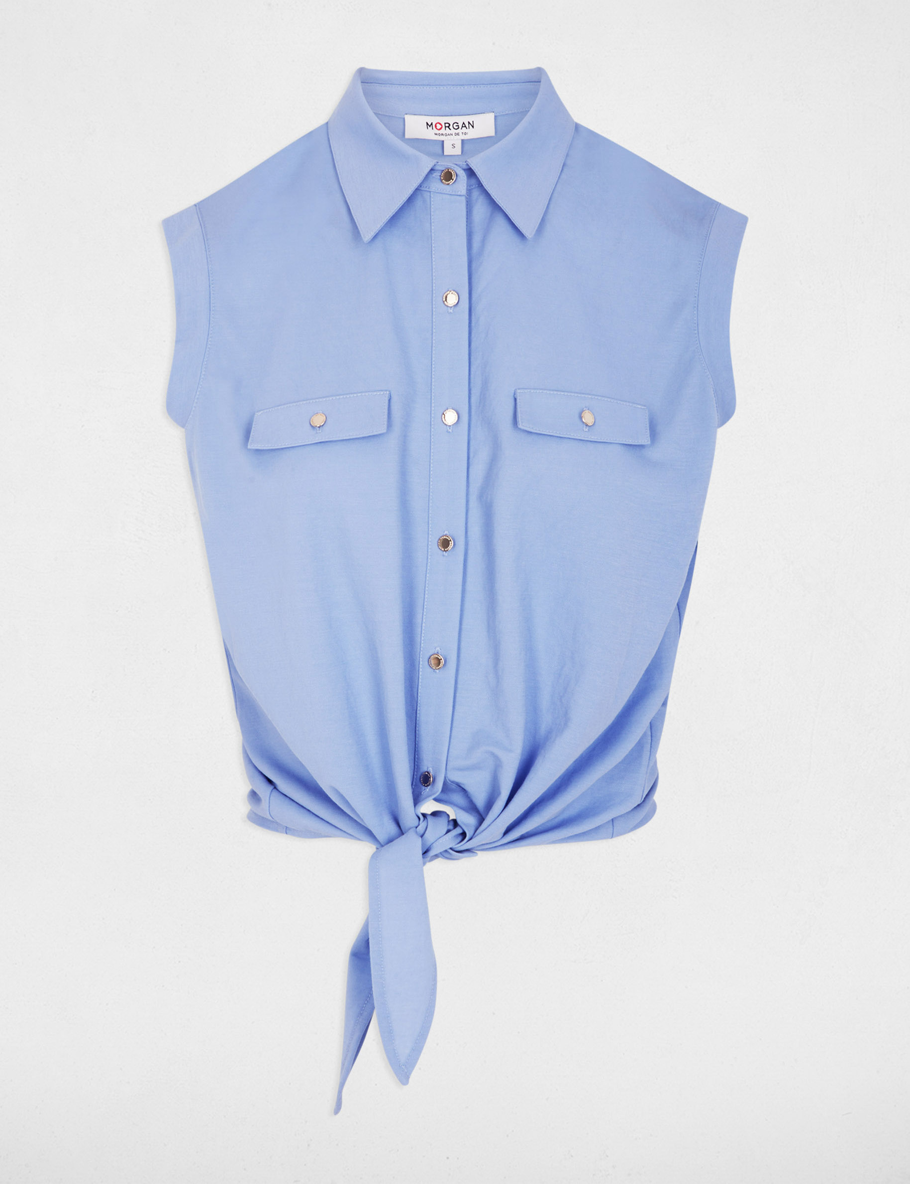 Chemise nou&eacute;e sans manches bleu lavande femme