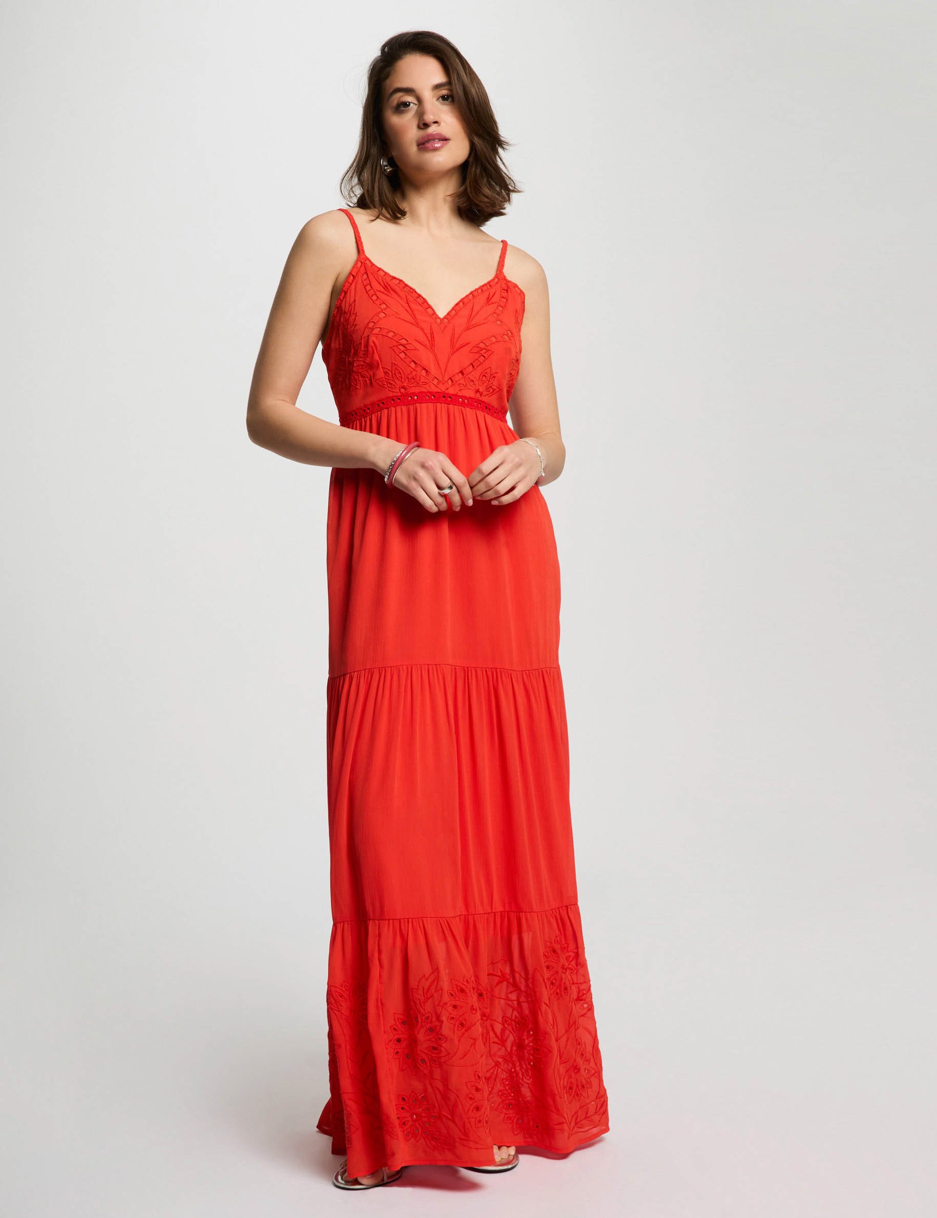 Robe longue fluide broderie orange femme | Morgan