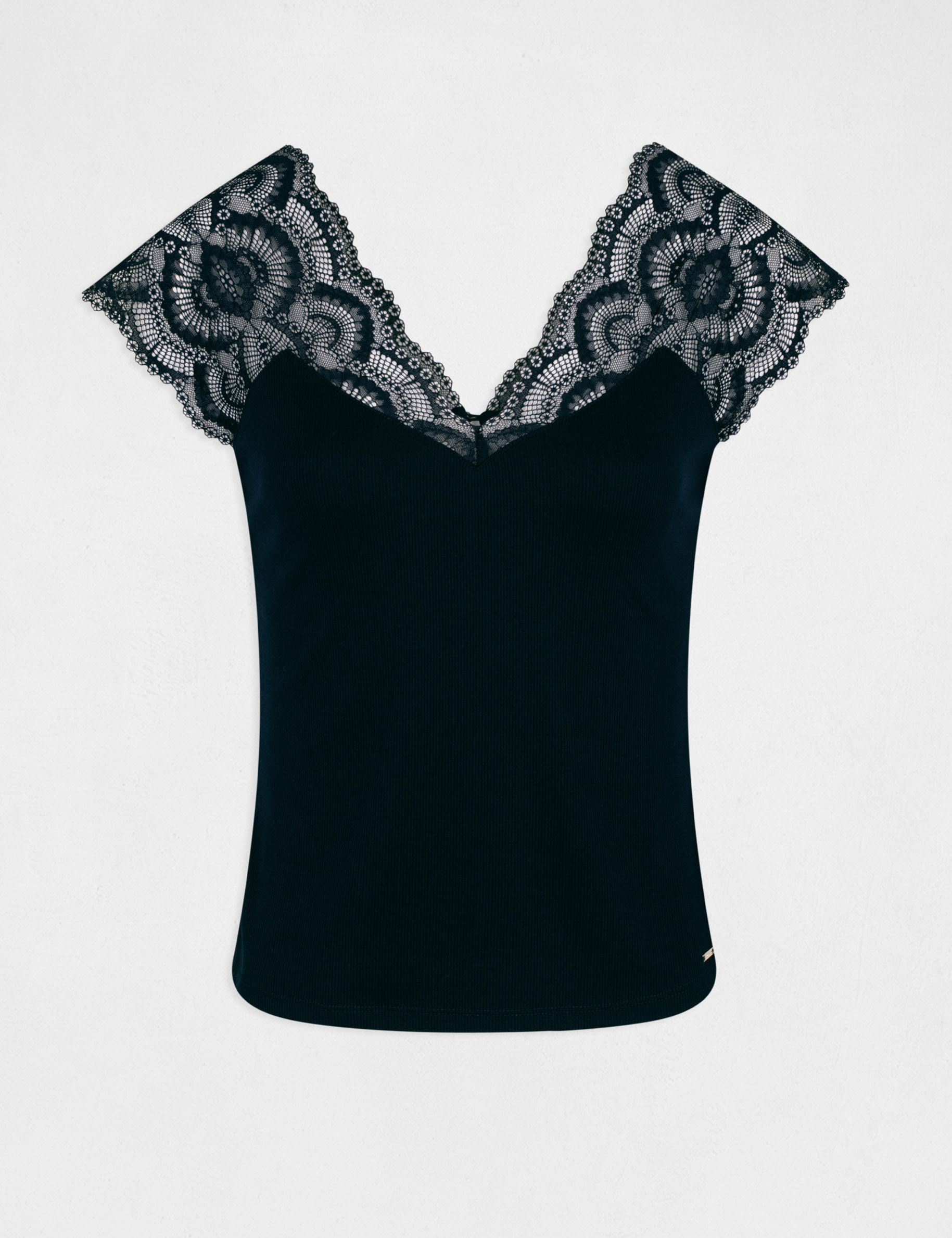 T-shirt manches courtes à dentelle marine femme