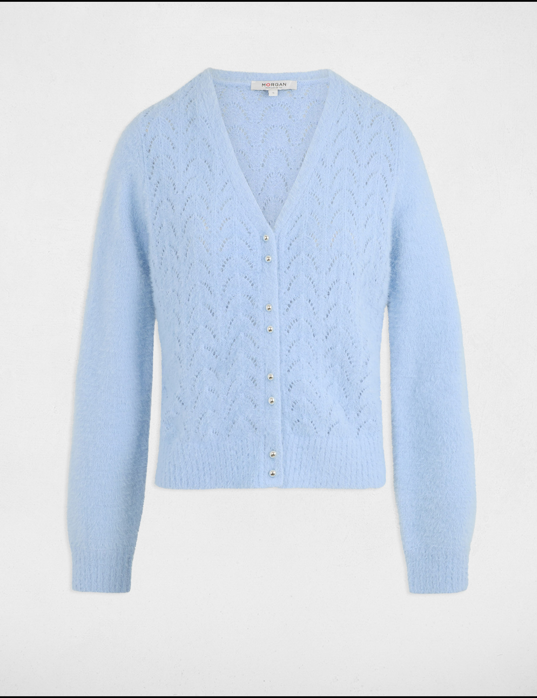 gilet manches longues a details ajoures bleu ciel femme Gilet manches longues à détails ajourés bleu ciel femme