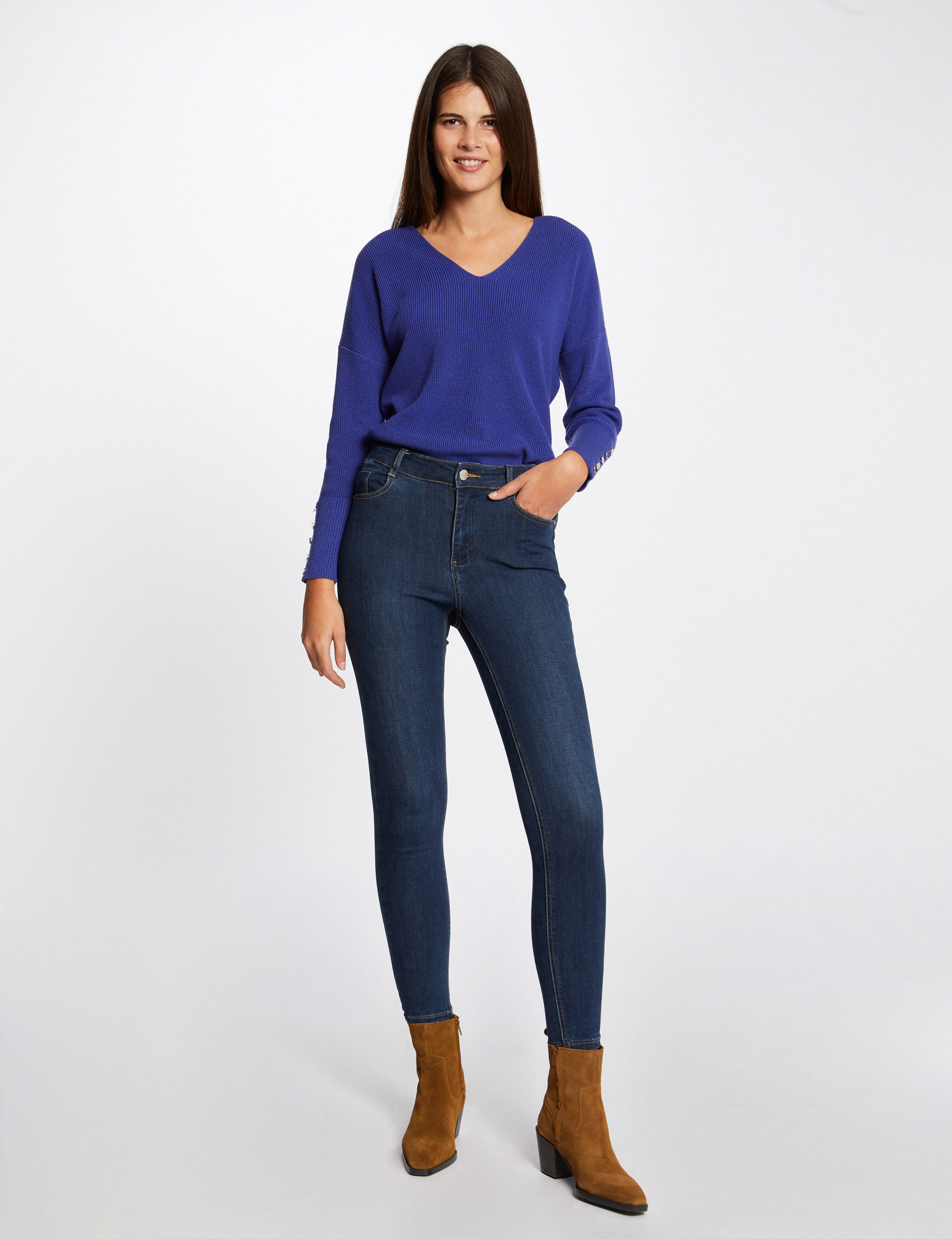 Pull manches longues à col en V violet femme Pull manches longues à col en V violet femme