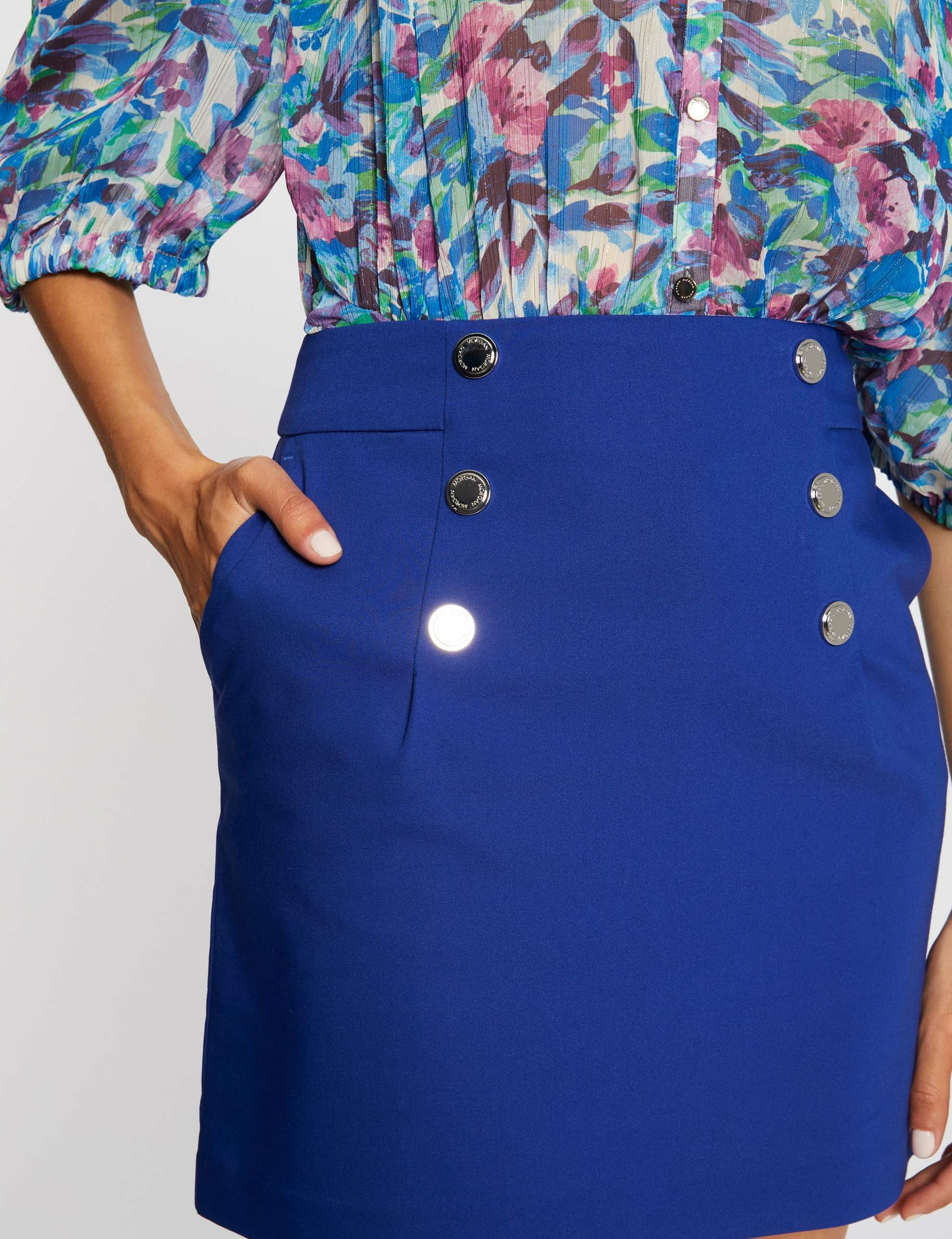Jupe droite taille haute avec boutons bleu electrique femme Jupe droite taille haute avec boutons bleu electrique femme