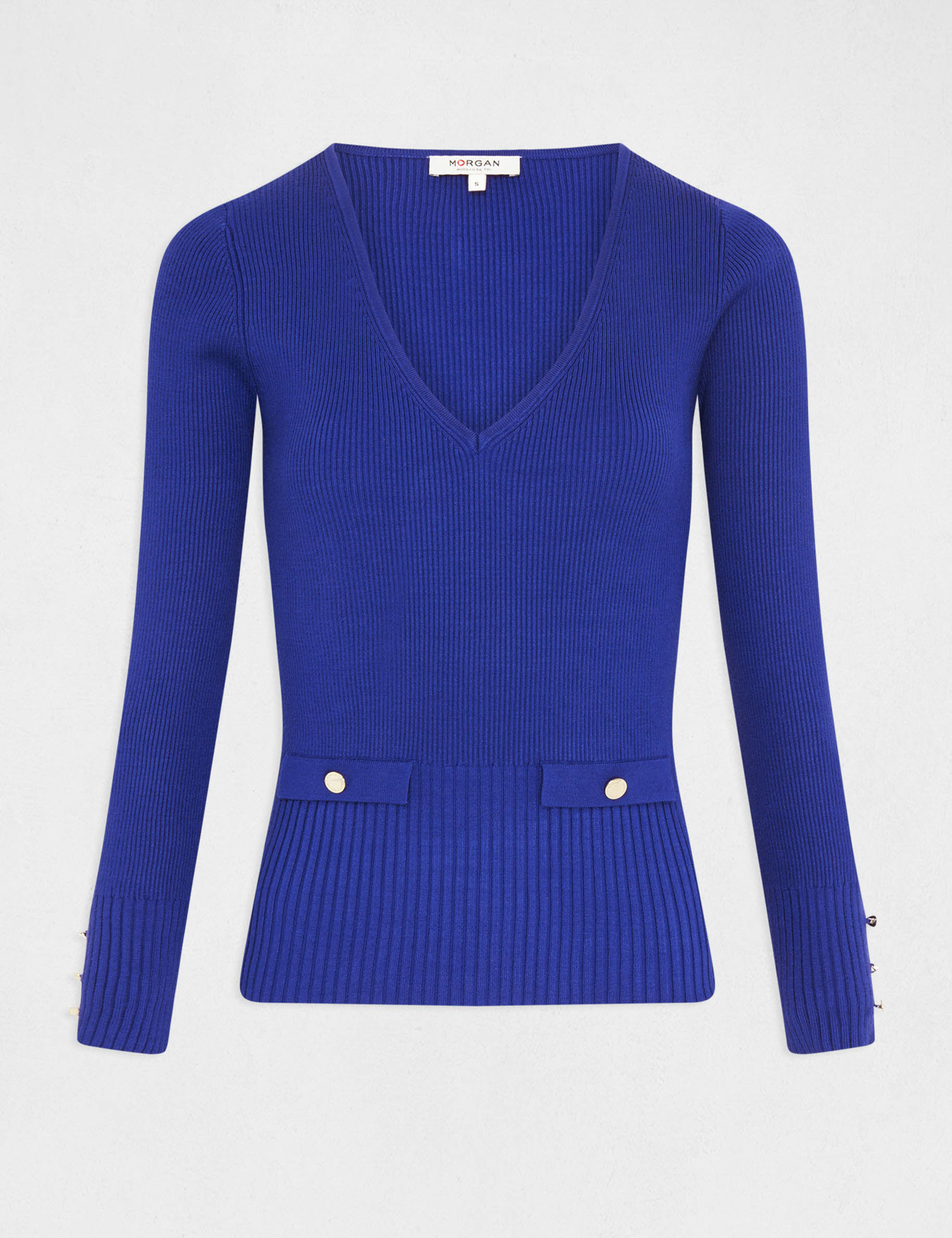 pull manches longues cotele a col en v bleu moyen femme Pull manches longues côtelé à col en V bleu moyen femme