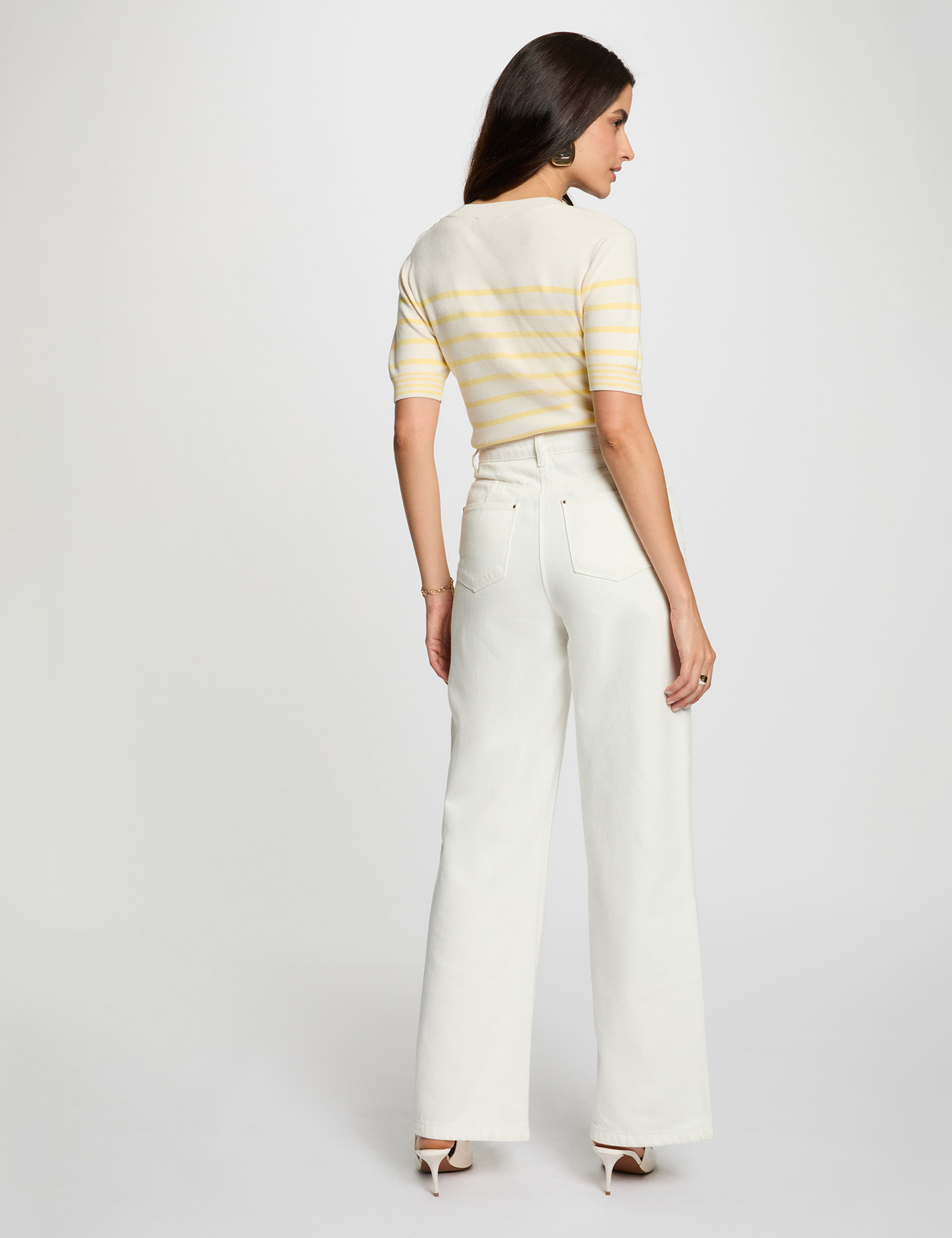 Pull manches courtes ray&eacute; ivoire femme