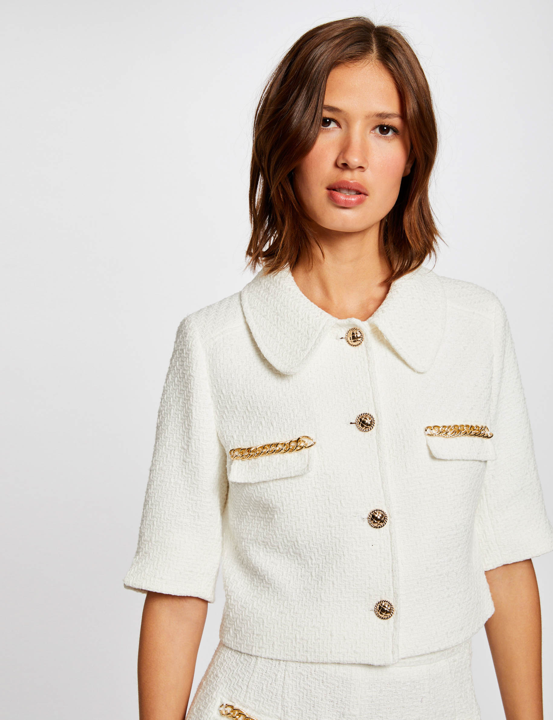 Veste droite avec détails chaînes ecru femme Veste droite avec détails chaînes ecru femme