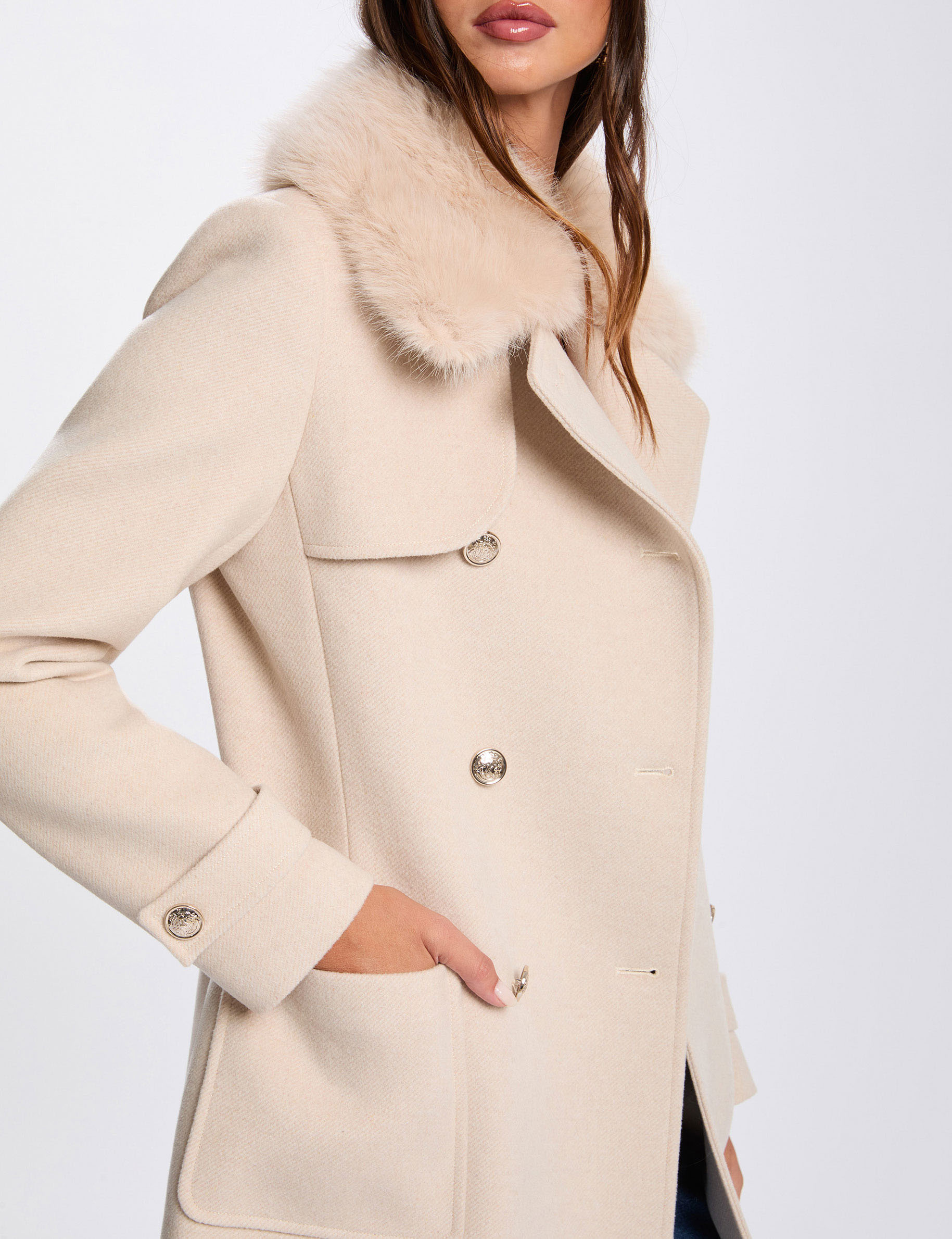 Manteau droit col fourrure beige femme Morgan