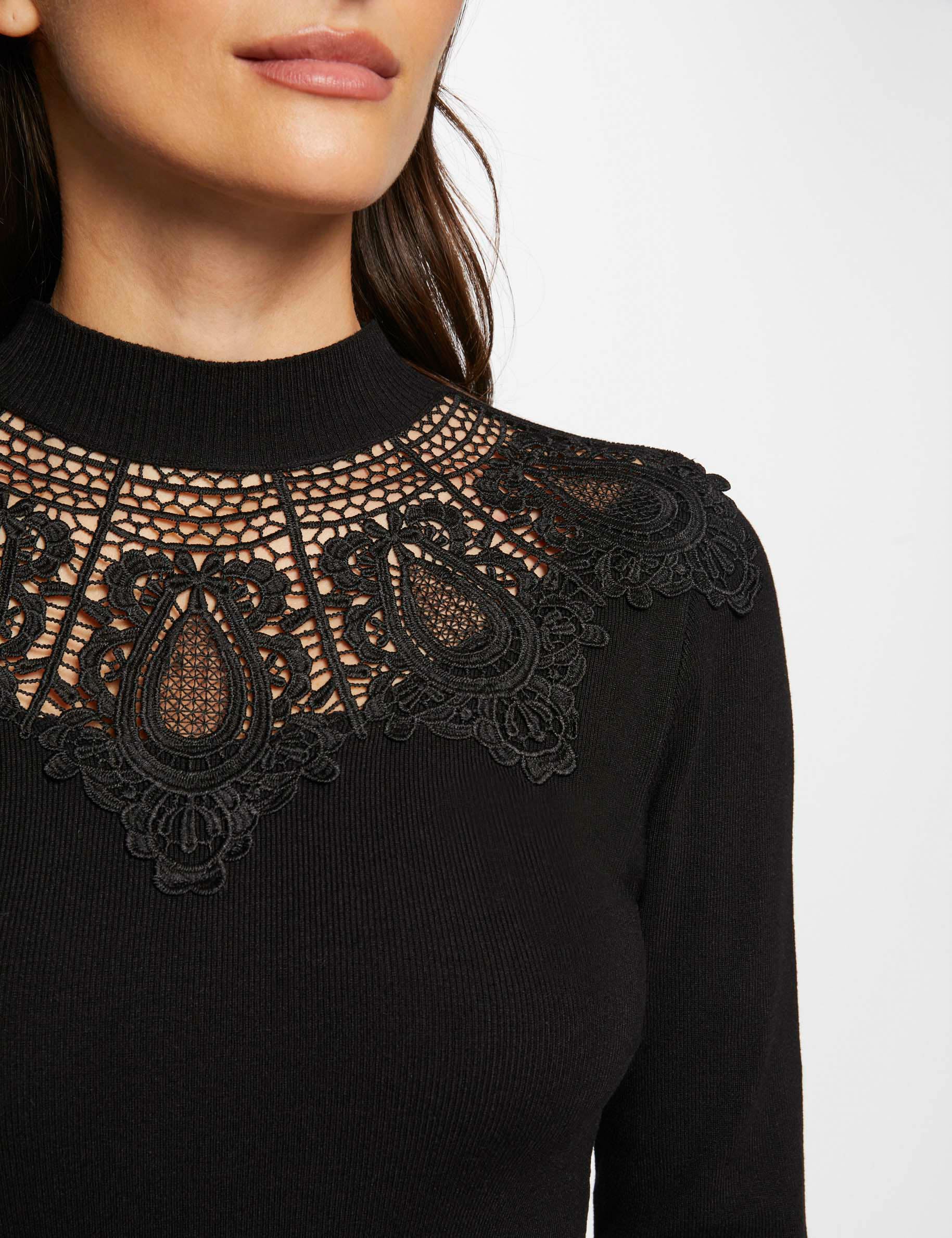 Pull col montant &agrave; dentelle noir femme