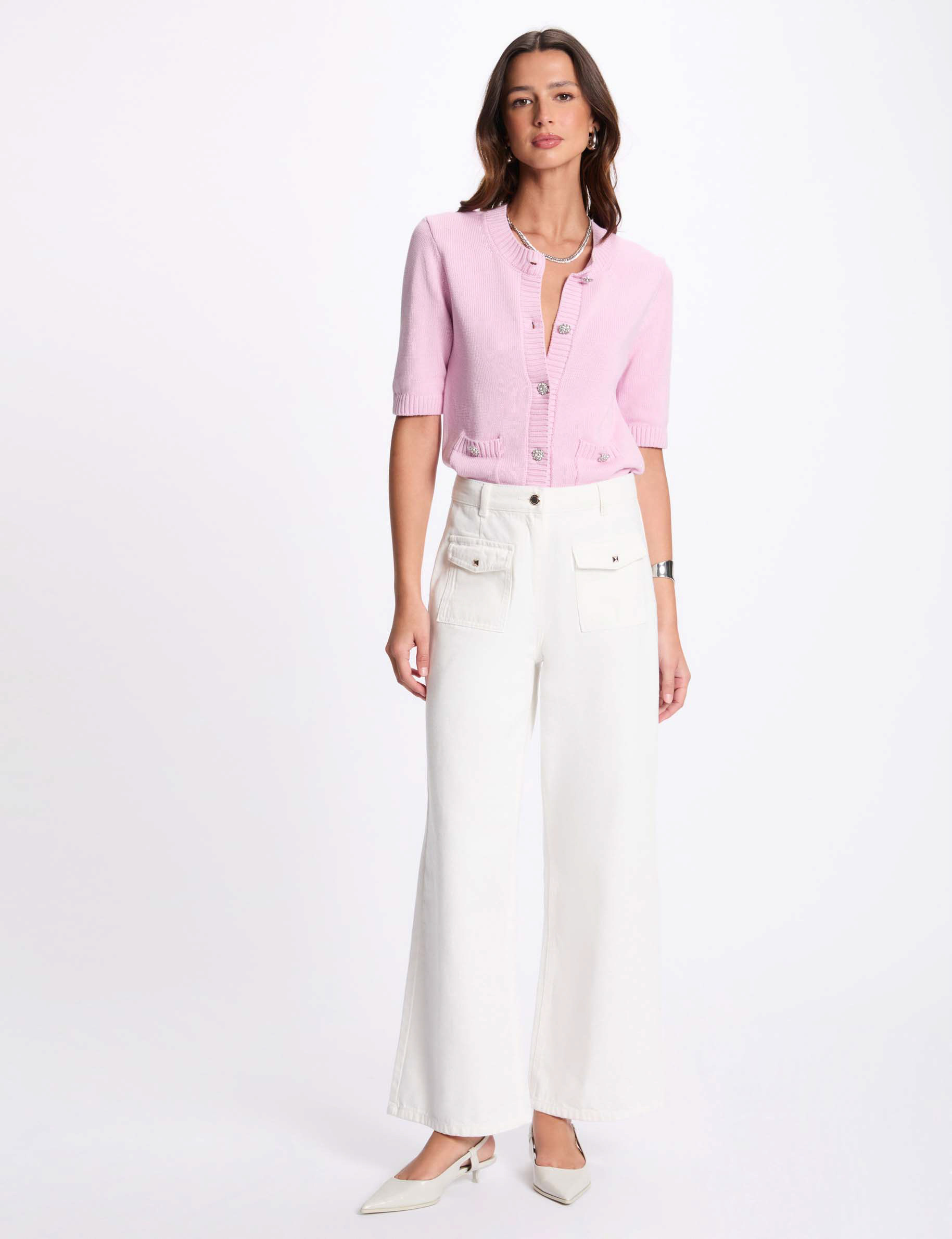 Gilet manches 3/4 rose pastel femme
