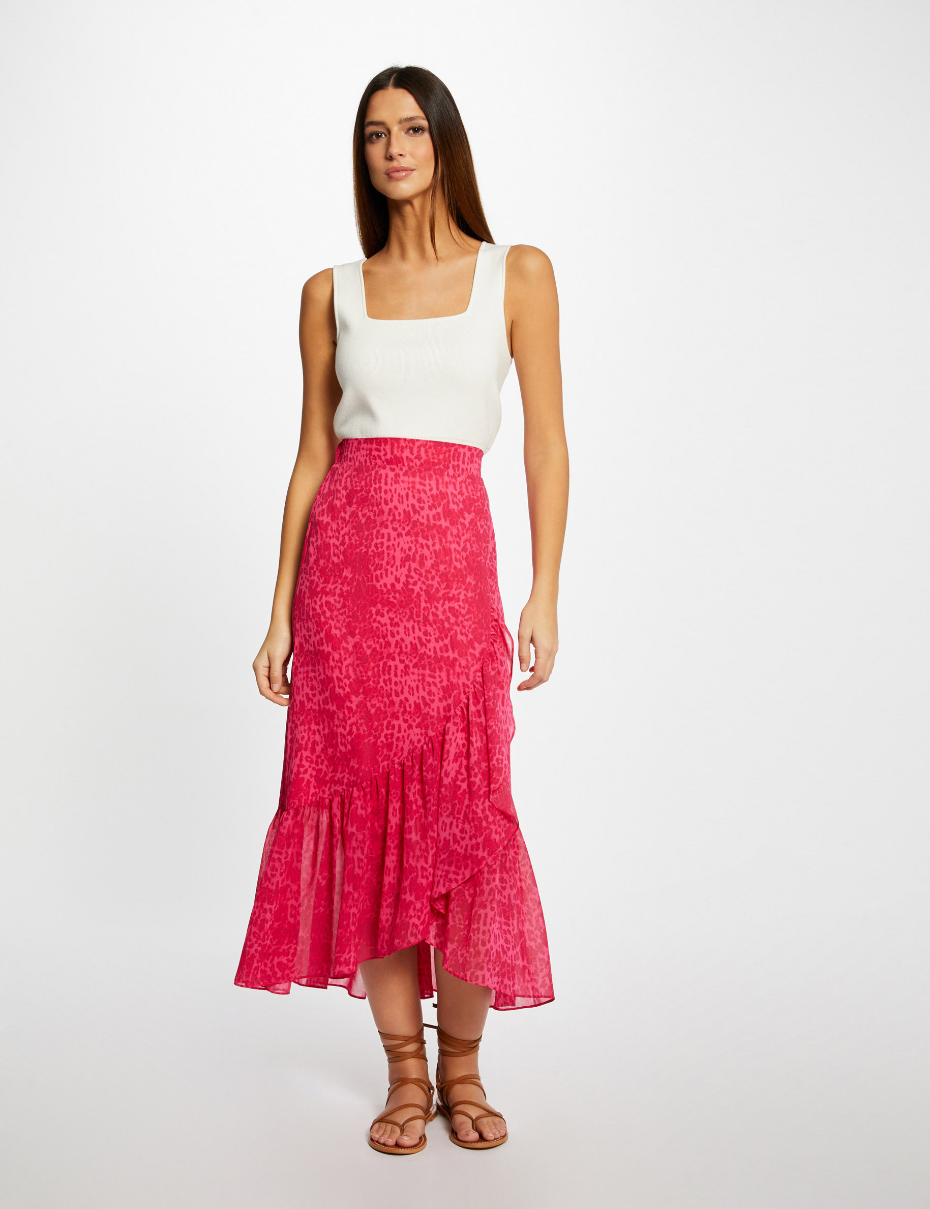 Jupe longue portefeuille imprimé léopard rose femme Jupe longue portefeuille imprimé léopard rose femme