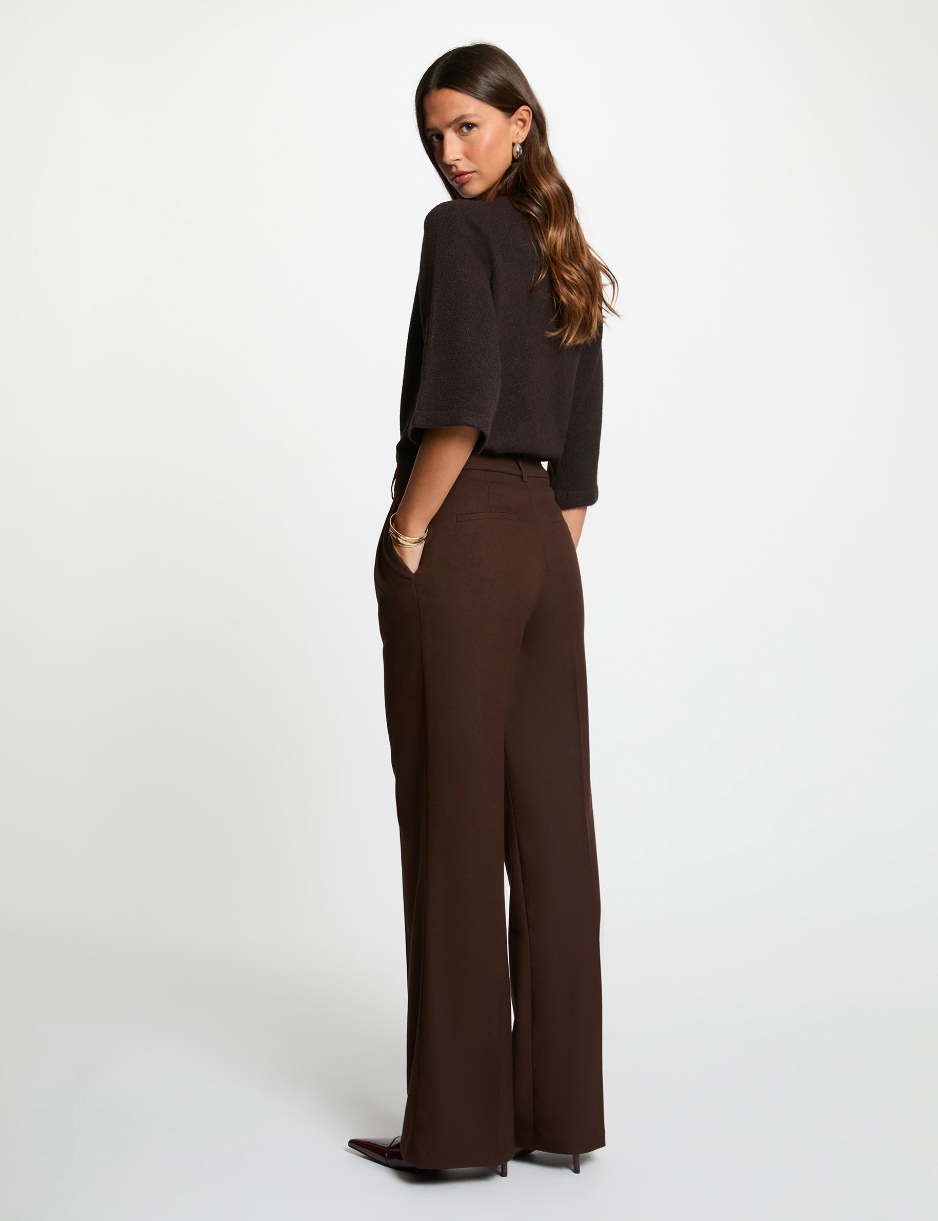 Pantalon Crop Susan Graver Femme – Taille 2, Marron, Taille Mid, Stretch, Boutons Devant