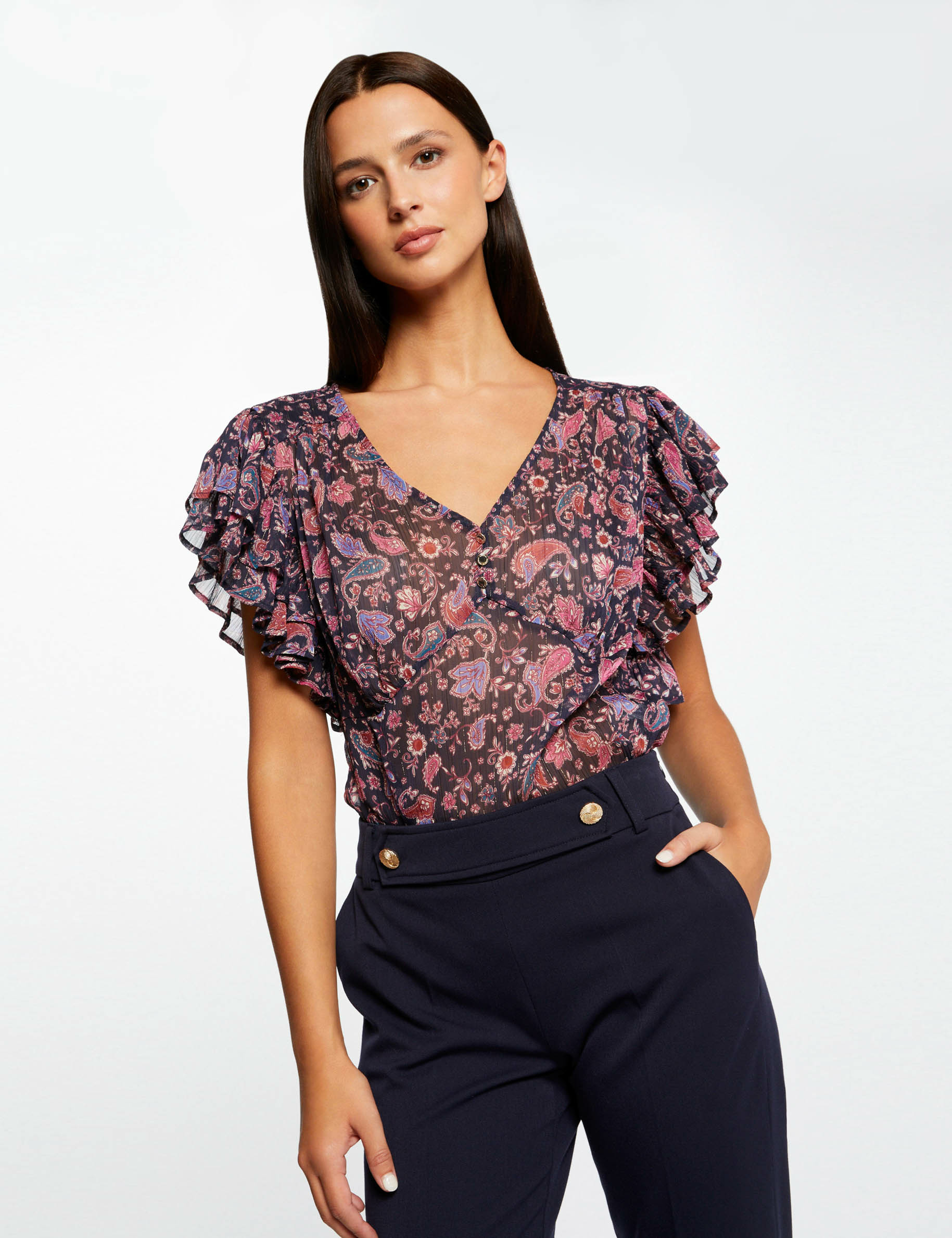 blouse manches courtes imprime cachemire marine femme Blouse manches courtes imprimé cachemire marine femme